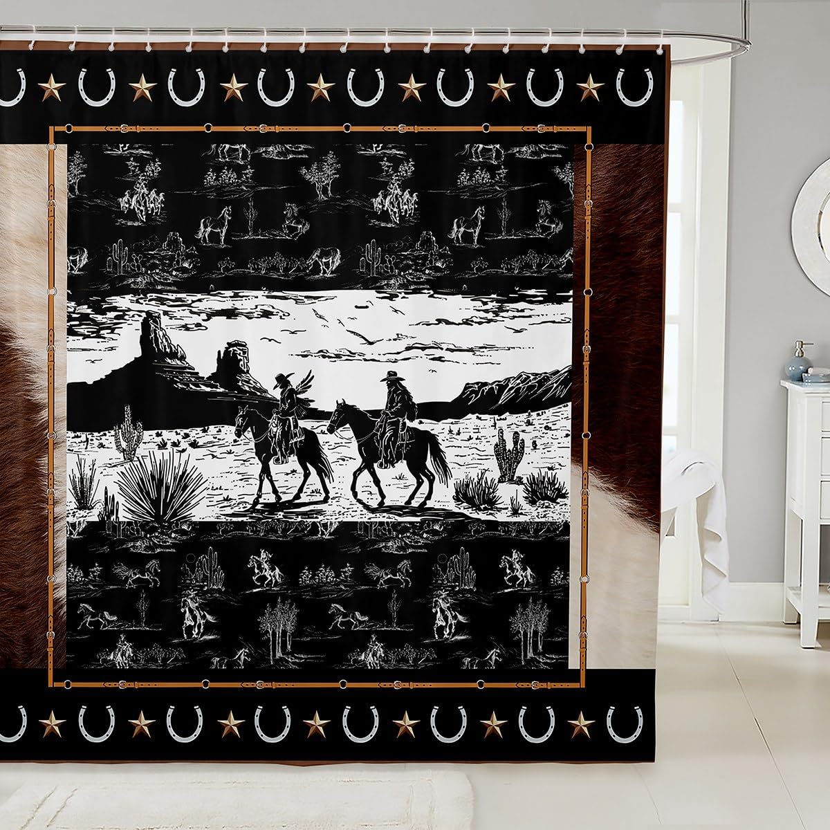 Feelyou Western Aztec Shower Curtain 72"x78" Horse Cowboy Bath Curtain for Boys Men Kids Rustic Western Decor Country Wild West Down Bathroom Shower Curtain Set Black White Kids Bathroom Accessories