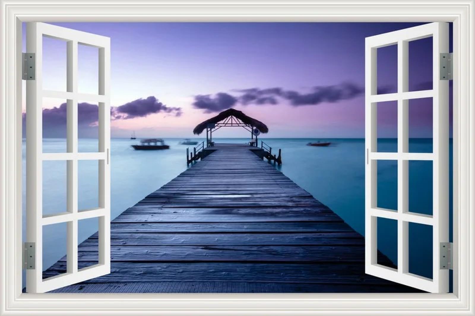 Adesivi murali 3D con ponte in legno e tramonto sulla spiaggia, 90 x 60 cm, decalcomanie finte per finestre per bagno, camera da letto, soggiorno, cameretta dei bambini, decorazione da parete