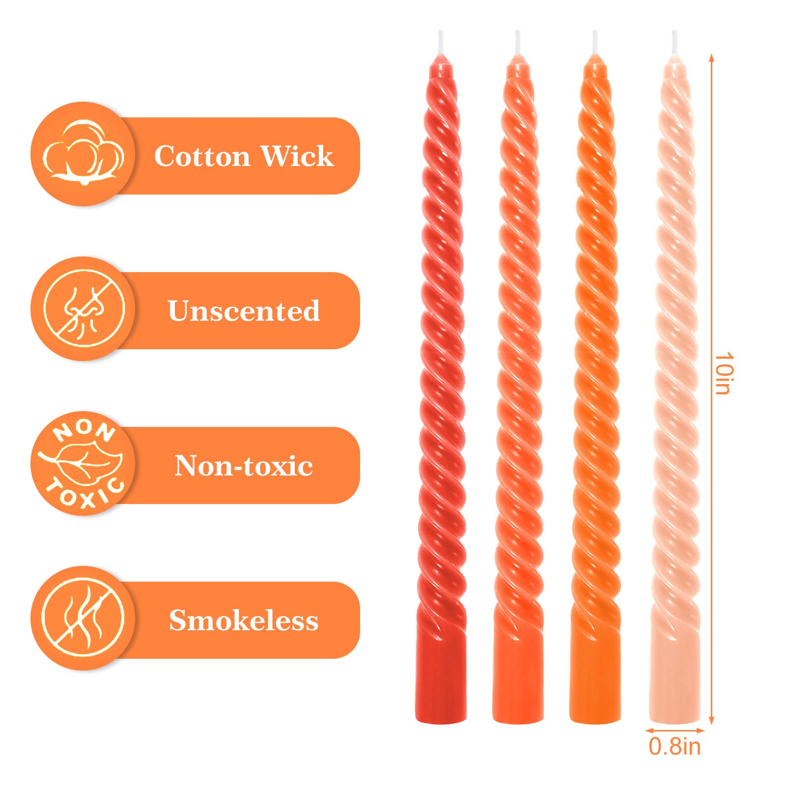 Whaline 8Pcs 10 Inch Orange Gradient Color Spiral Taper Candles Dripless Twisted Wax Candles Long Unscented Candle Sticks for Fall Halloween Home Party Supplies