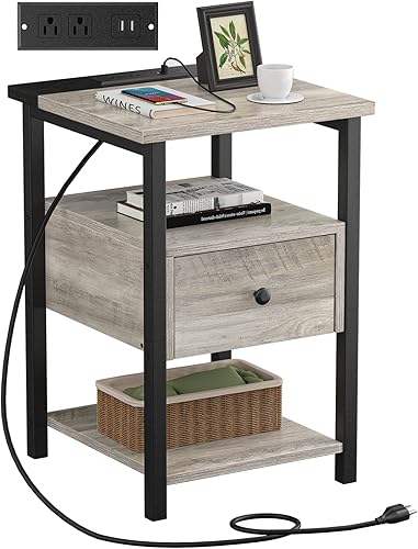 VETIN Mesita de noche con estación de carga, mesita de noche de 3 niveles con cajón de madera, mesas auxiliares sala de estar con puertos USB,