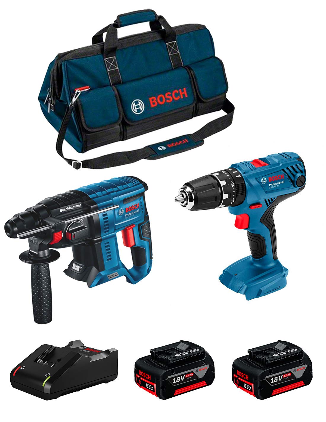 BOSCH Kit 18V BK206BAG (Martillo Perforador GBH 18V-21 + Taladro Percutor GSB 18V-21 + 2 Baterías de 4,0 Ah + Cargador + Bolsa)