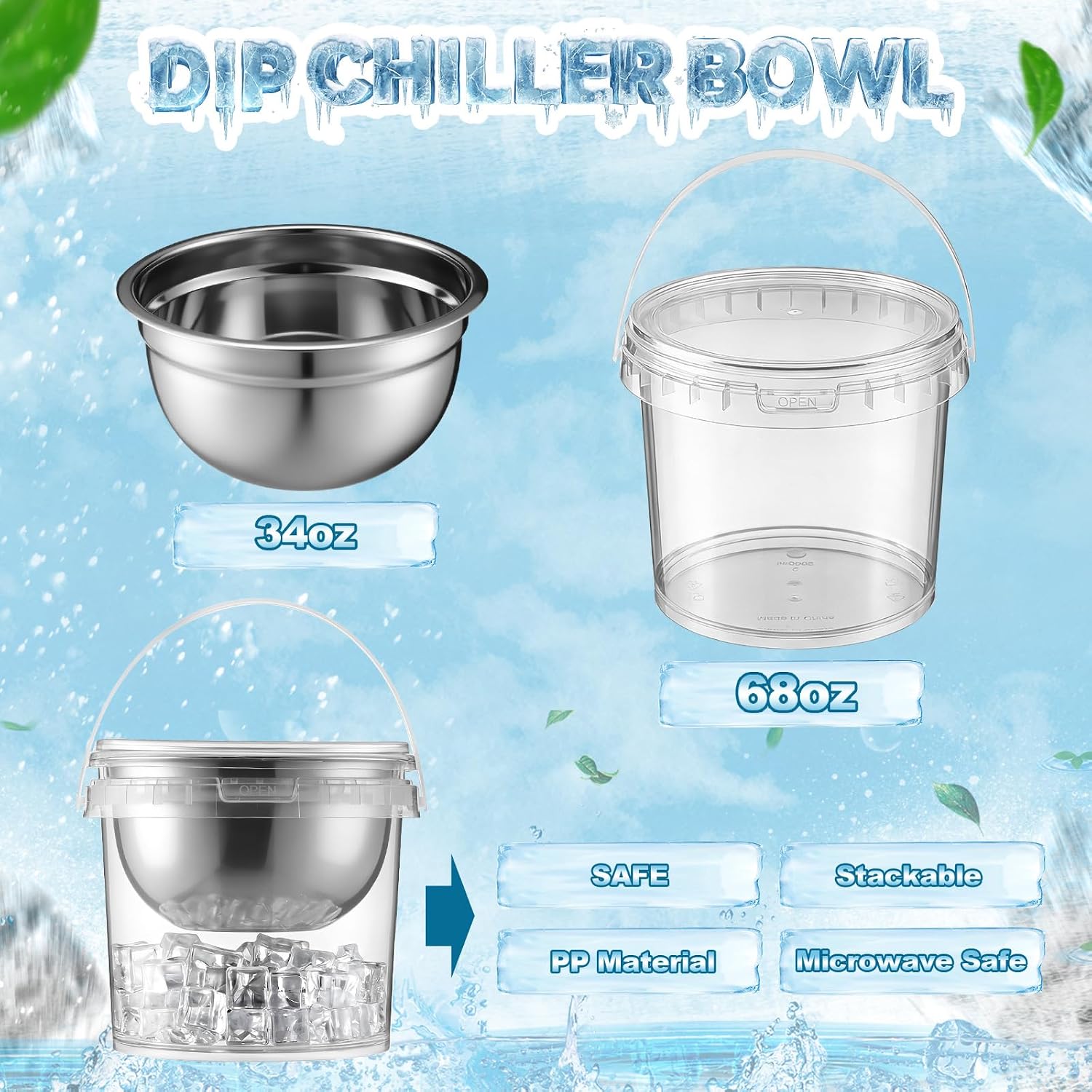 6 Set 34 oz Dip Chiller Bowl with 68 oz Ice Bowl Base with Handle, Stainless Steel Chilled Cold Serving Dish for Salads Dips Fruits Potato BBQ Outdoor Party Favor