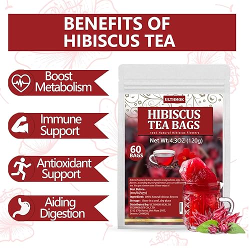 Miniatura 5 de Bolsas de té de hibisco de alta calidad, 60 bolsas de té de 0.07 oz4.24 onzas, flor de hibisco seca 100% pura, natural y sin aditivos, sin cafeína.