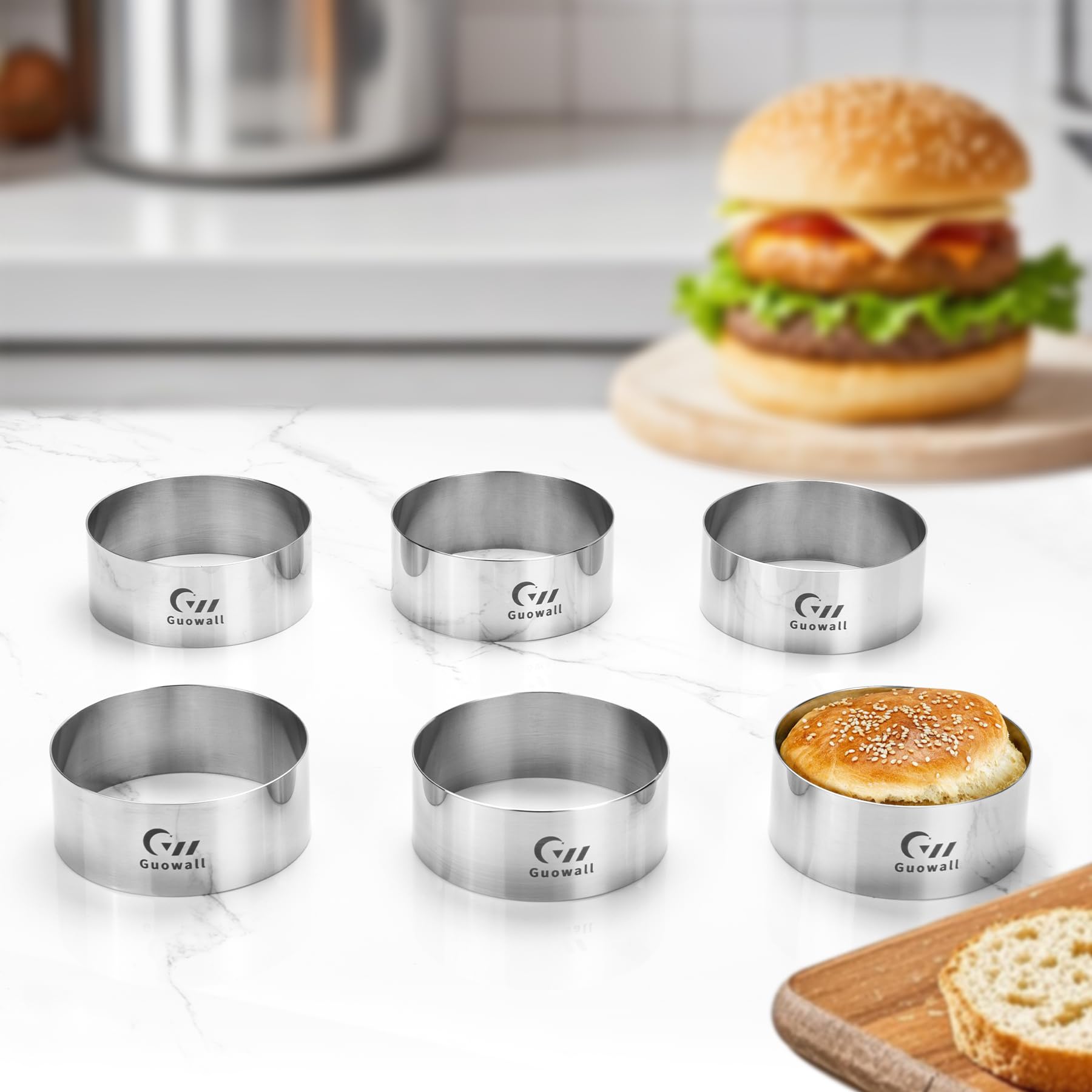 Guowall Hamburger Bun Rings, Stainless Steel Baking Moulds for Homemade Buns, 6 x Round Food Rings (4 inch/10.2 cm)