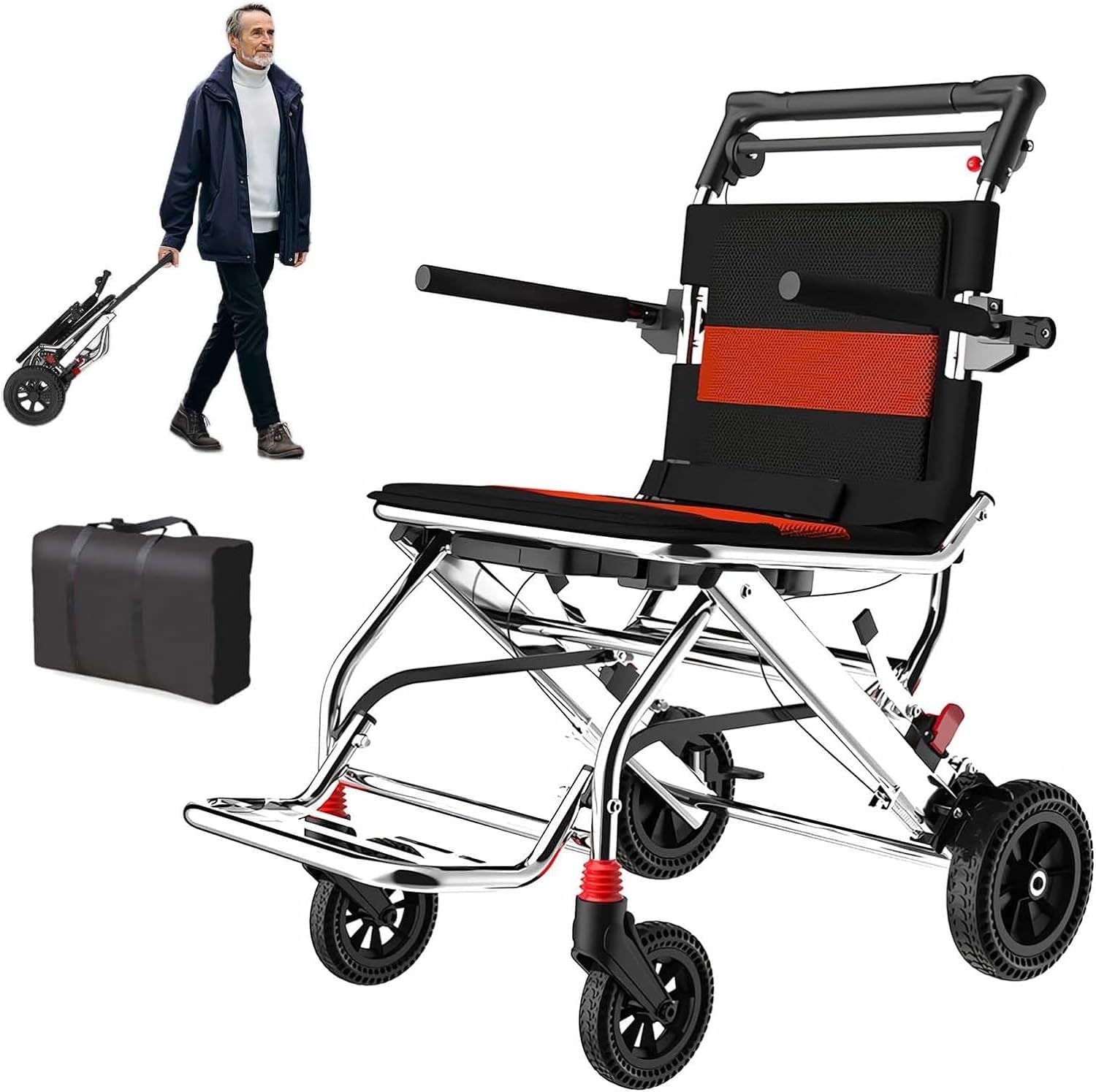 Silla de ruedas plegable de viaje con barra de tracción, diseño ultraligero para uso doméstico y festivo, marco de aluminio con neumáticos de 8 pulgadas y asiento de 45 cm