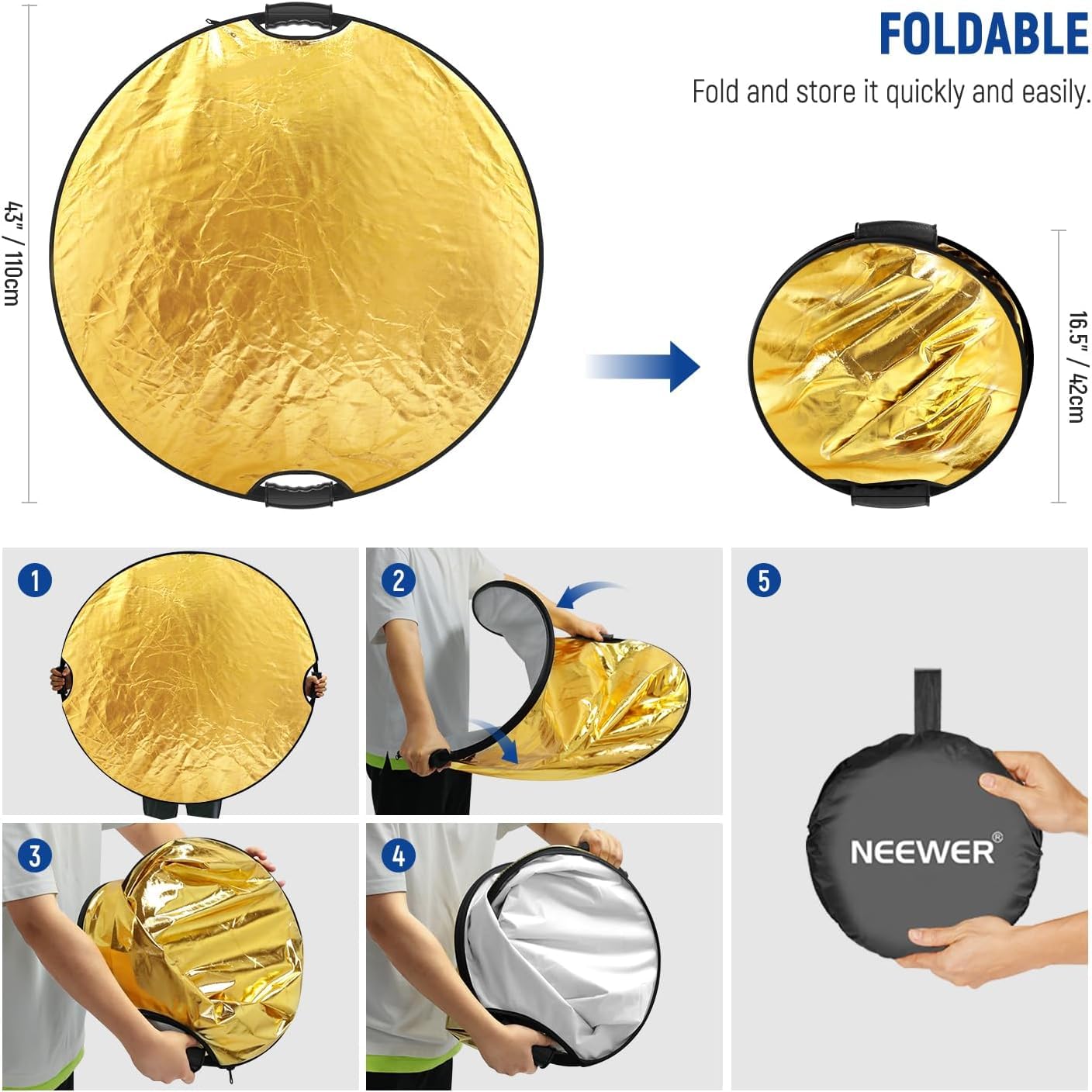 NEEWER Reflektor światła 110 cm z zaciskiem i uchwytami ręcznymi, składany reflektor fotograficzny 5 w 1, przezroczysty, srebrny, złoty, biały, czarny, z gwintem 3/20.3 cm do oświetlenia zewnętrznego