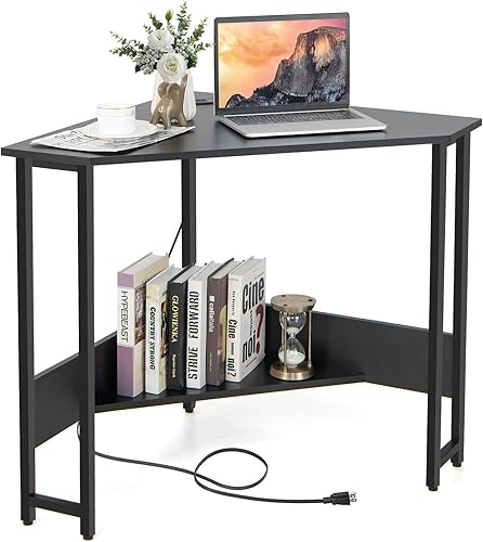 Tangkula Escritorio esquinero con toma de corriente y puertos USB, escritorio triangular para computadora con estación de carga, estante de