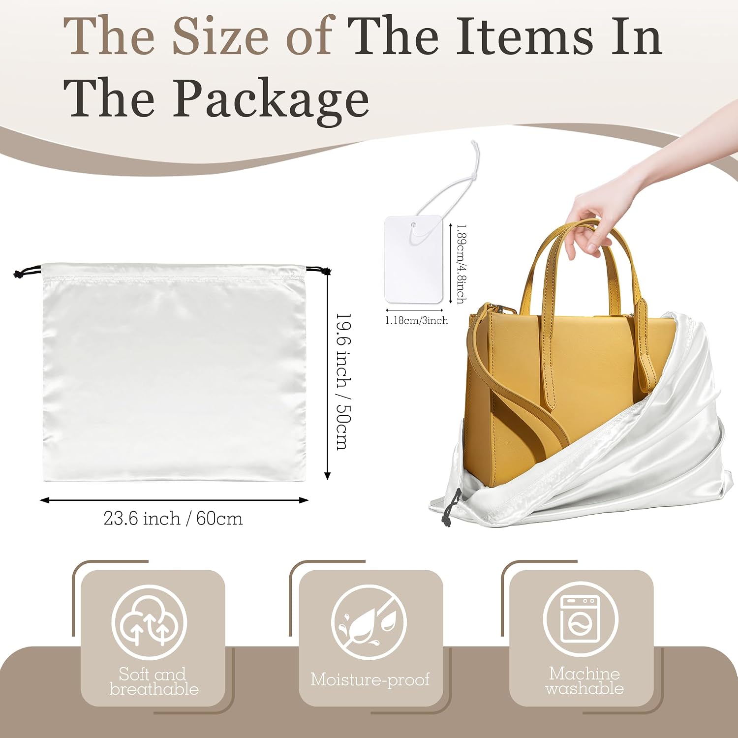 Vonty White Satin Dust Bags 3 Pack Drawstring Pouch for Purse, 23.6x19.6in