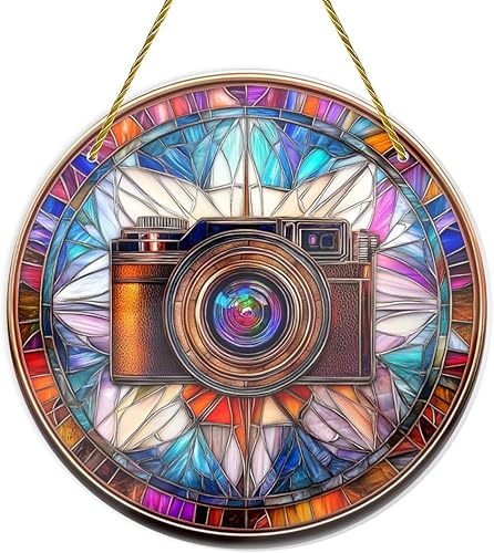 Visor vintage acrílico decoración para el hogar, vidrieras circulares de 8 x 8 pulgadas, cámaras de película retro, diseño único, arte de pared