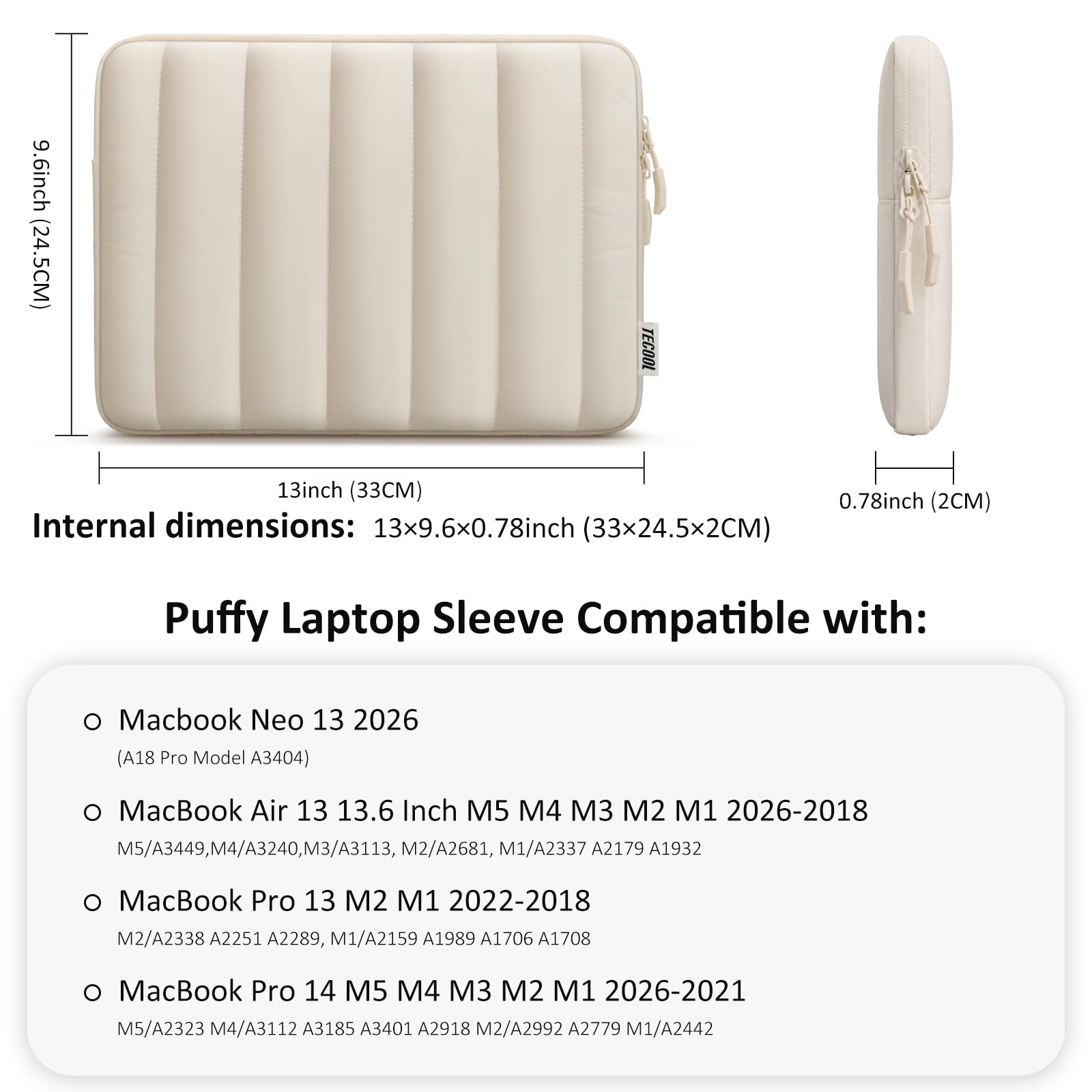 TECOOL 13,3 Pollici Custodia PC Portatile per MacBook Air 13 13.6 M4 M3 M2 M1 2025 2024-2010, MacBook Pro 13/14 M4 M3 M2 M1 2024 2023 2022-2012,13,3" HP Dell Porta PC Computer Notebook Sleeve, Beige