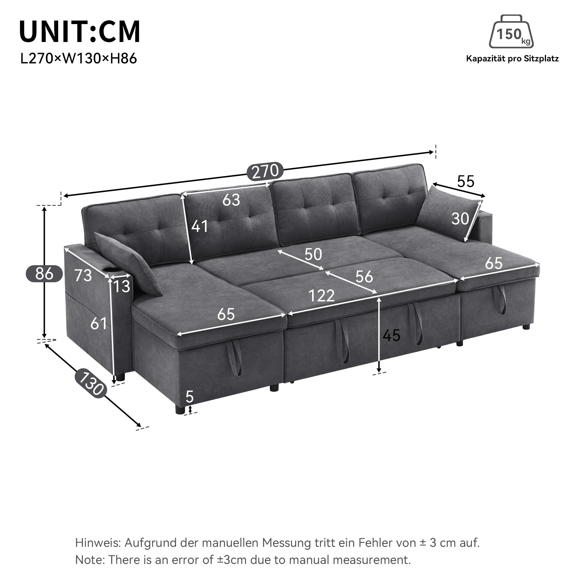 Design moderno, mobili imbottiti, divano a 4 posti, divano a forma di U, divano letto con funzione di sonno, tessuto di lino, con porta bevande, due alloggi, adatto per famiglie, soggiorni e altri