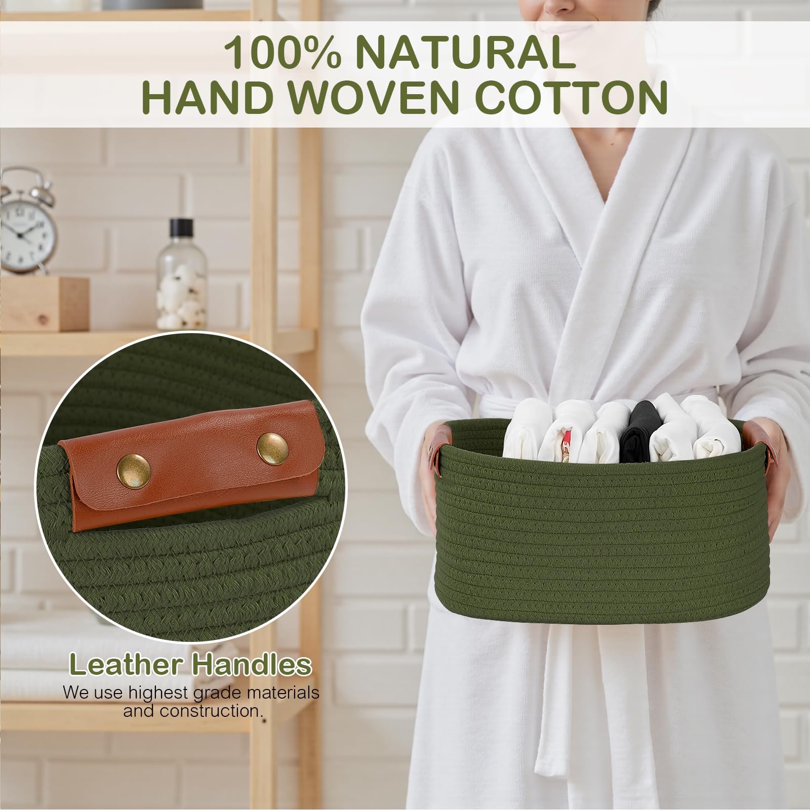 Otauoaea Panier Rangement, Paniers De Rangement Salle De Bain Corbeille Enfan, Coton Tressé Corbeille Rangement Décoratifs Avec Poignées En Cuir Pour Cuisine Chambre(Vert