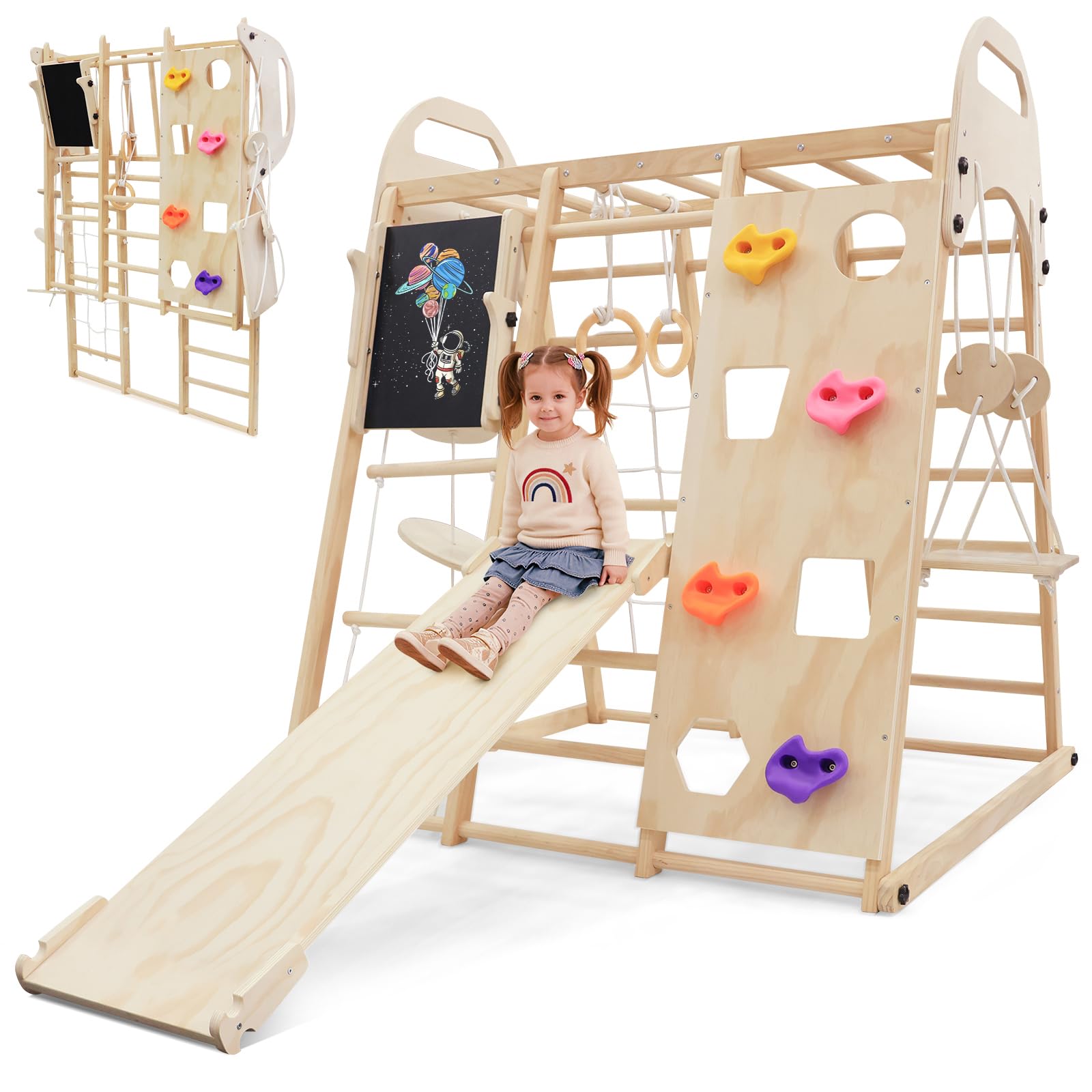 Maxi Klettergerüst Indoor, 12 in 1 Multifunktional Klettergerüst Klappbar aus Massivem Holz, Indoor Spielplatz mit Tafel, Schreibtisch, Schaukel, Rutsche, 2-in-1-Kletterwand, Kletterdreieck