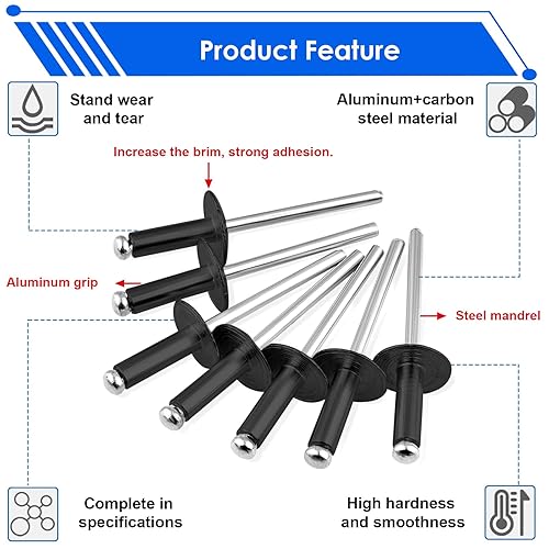 Miniatura 8 de smseace 800 remaches pop de 15 valores con brida grande, kit surtido de remaches pop de 7 tamaños (18 pulgadas 316 pulgadas 14 pulgadas) 8 tamaños
