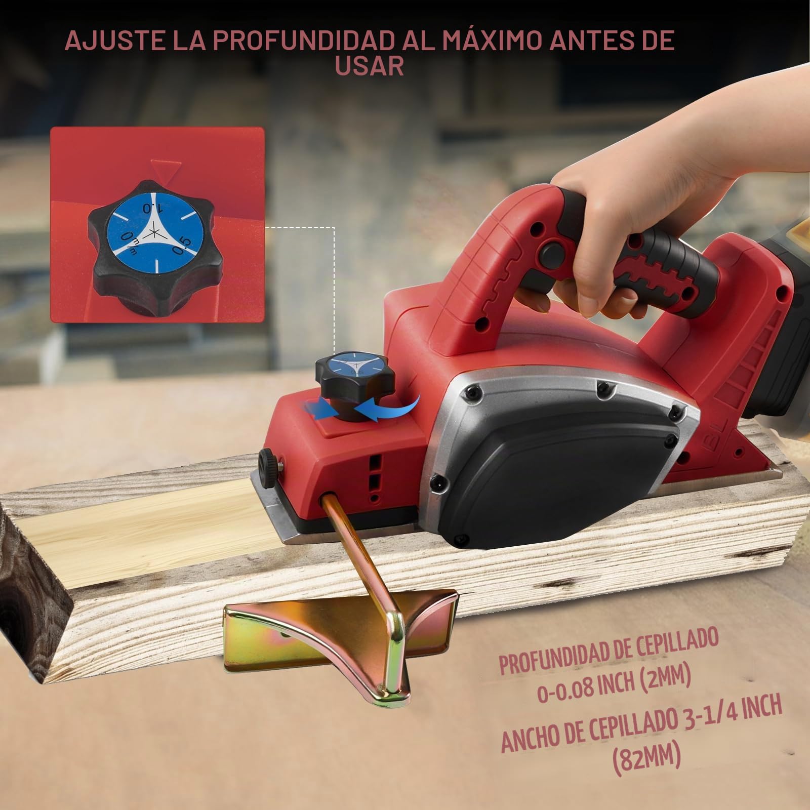 Planadora eléctrica inalámbrica de mano compatible con batería Milwaukee 18V, 15000RPM Planadora de madera de energía sin cepillo para carpintero de trabajo de madera (Red)