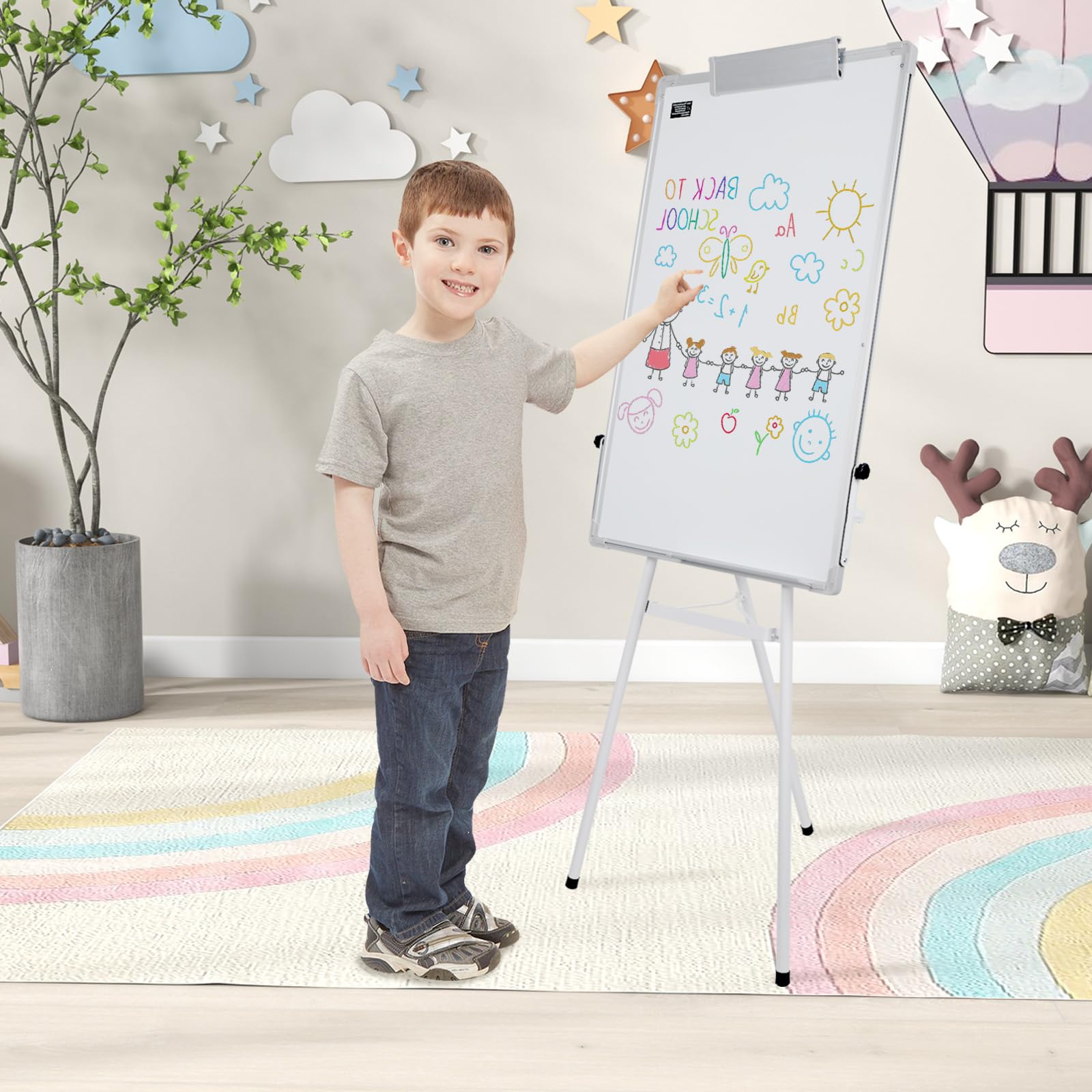 OHMG - Lavagna Bianca Cancellabile su Cavalletto, Efficace a Secco, Magnetica, Altezza Regolabile con Supporto, Mobile, Portablocco per Conferenze (70 * 90 cm - Bianco)
