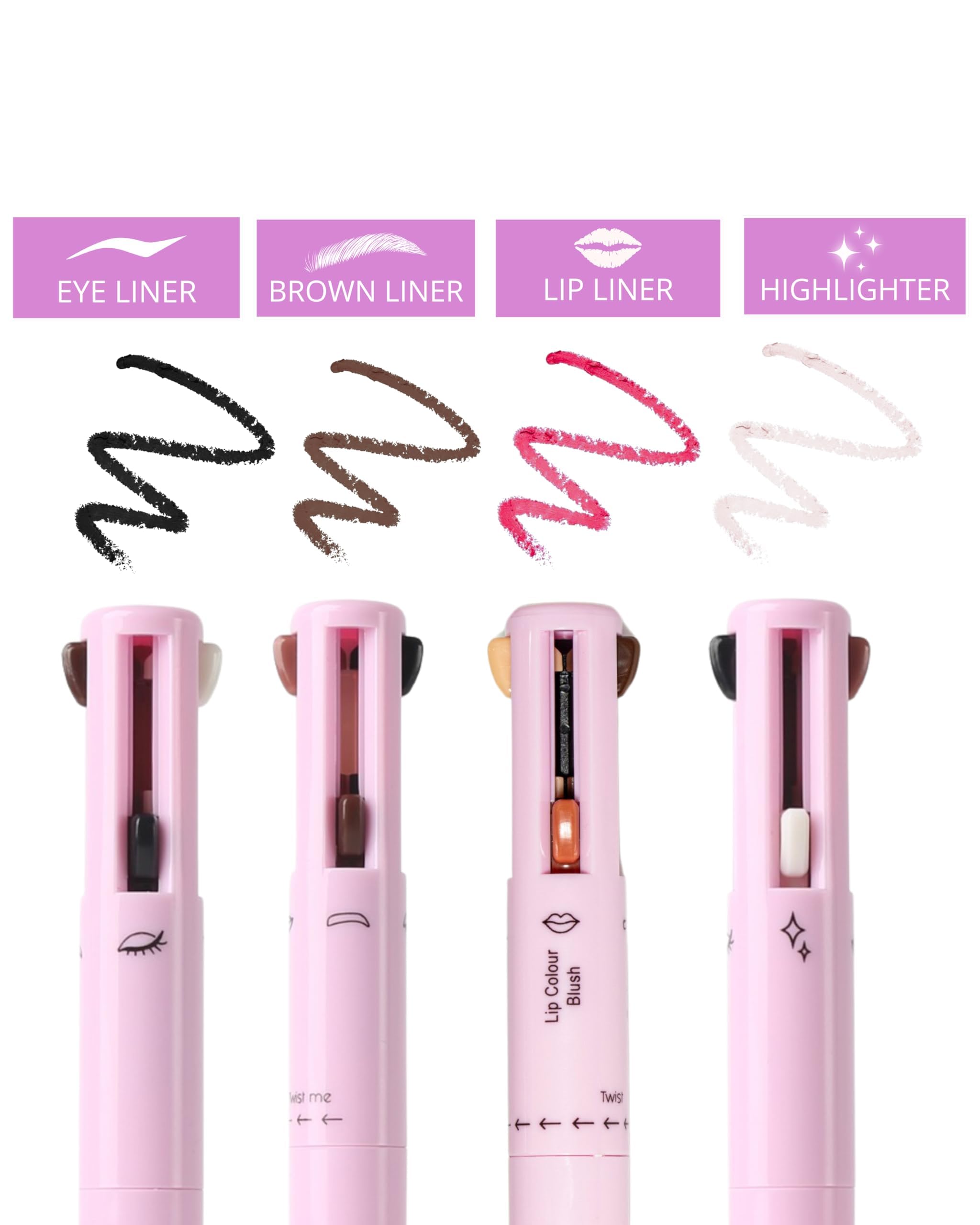Lápiz de retoque de maquillaje 4 en 1 con delineador de labios rosa intenso, delineador de ojos negro, lápiz de cejas marrón oscuro e iluminador blanco brillante, bolígrafo de belleza 4