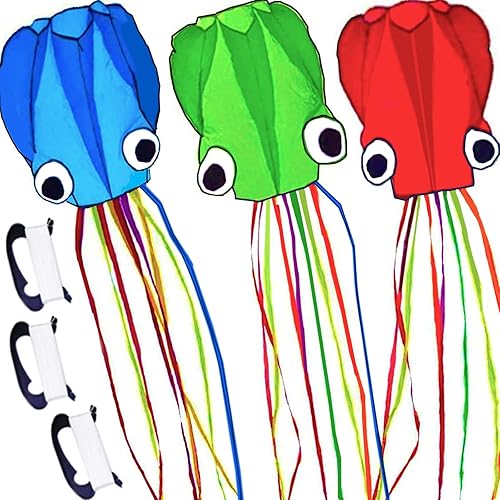 Miniatura 9 de Paquete de 3 cometas de pulpo, cometa 3D de cola larga fácil de volar, cometas de playa para personas y adultos, regalo de 3 colores (azul verde