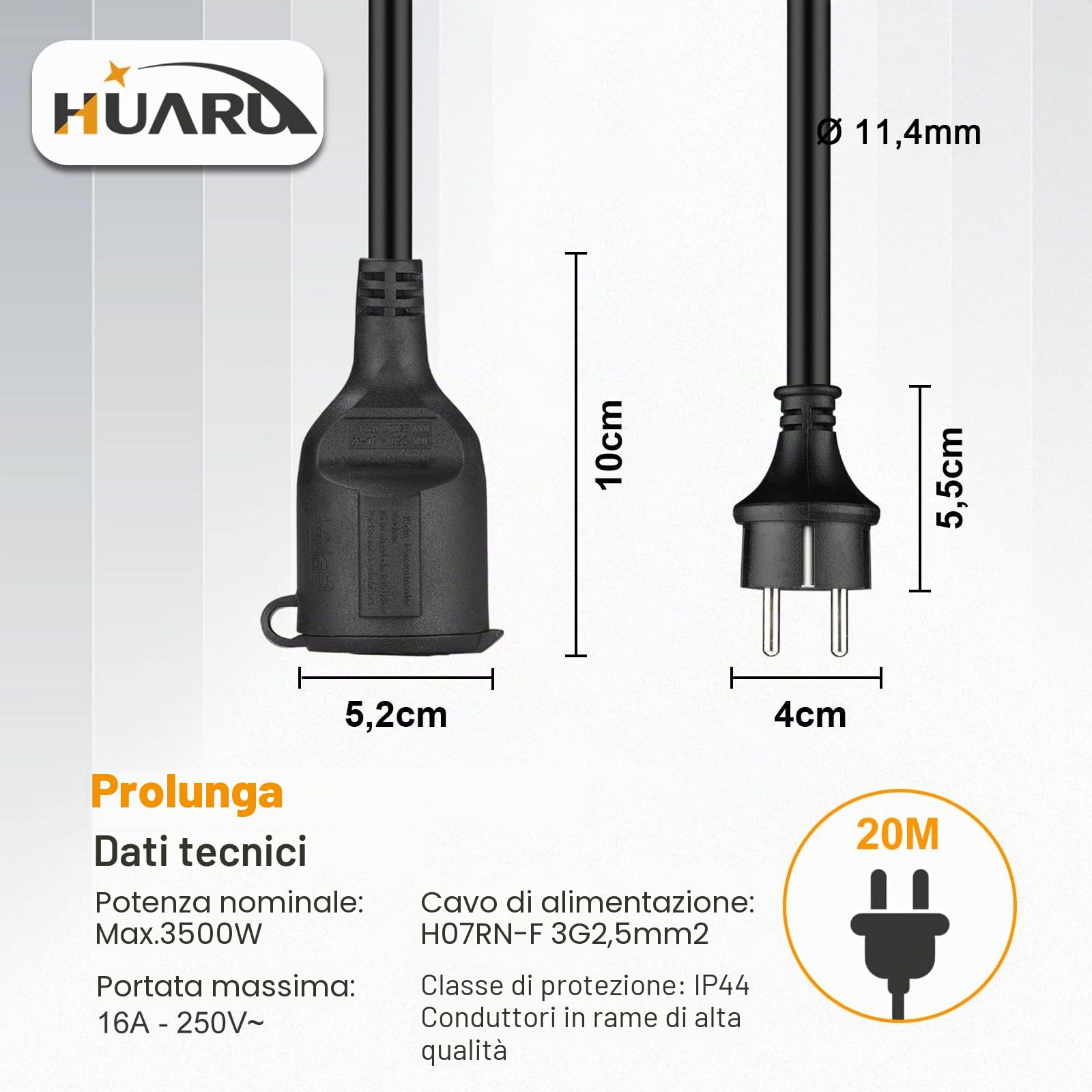 Cavo di prolunga per esterni, 20 m, con tappo di protezione, H07RN-F 3G, 2,5 mm², cavo di alimentazione in gomma con spina Schuko per esterni IP44, cavo elettrico esterno, 3500 W, 16 A, 250 V