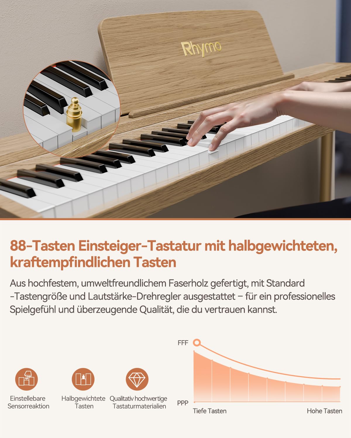 Rhymo Digital piano 88 Tasten Semi-Gewichtet - E-Piano mit Ständer, Triple Pedal, Bluetooth Audio/MIDI, 20W Lautsprecher, Mikrofon-Eingang, Dual Player Mode