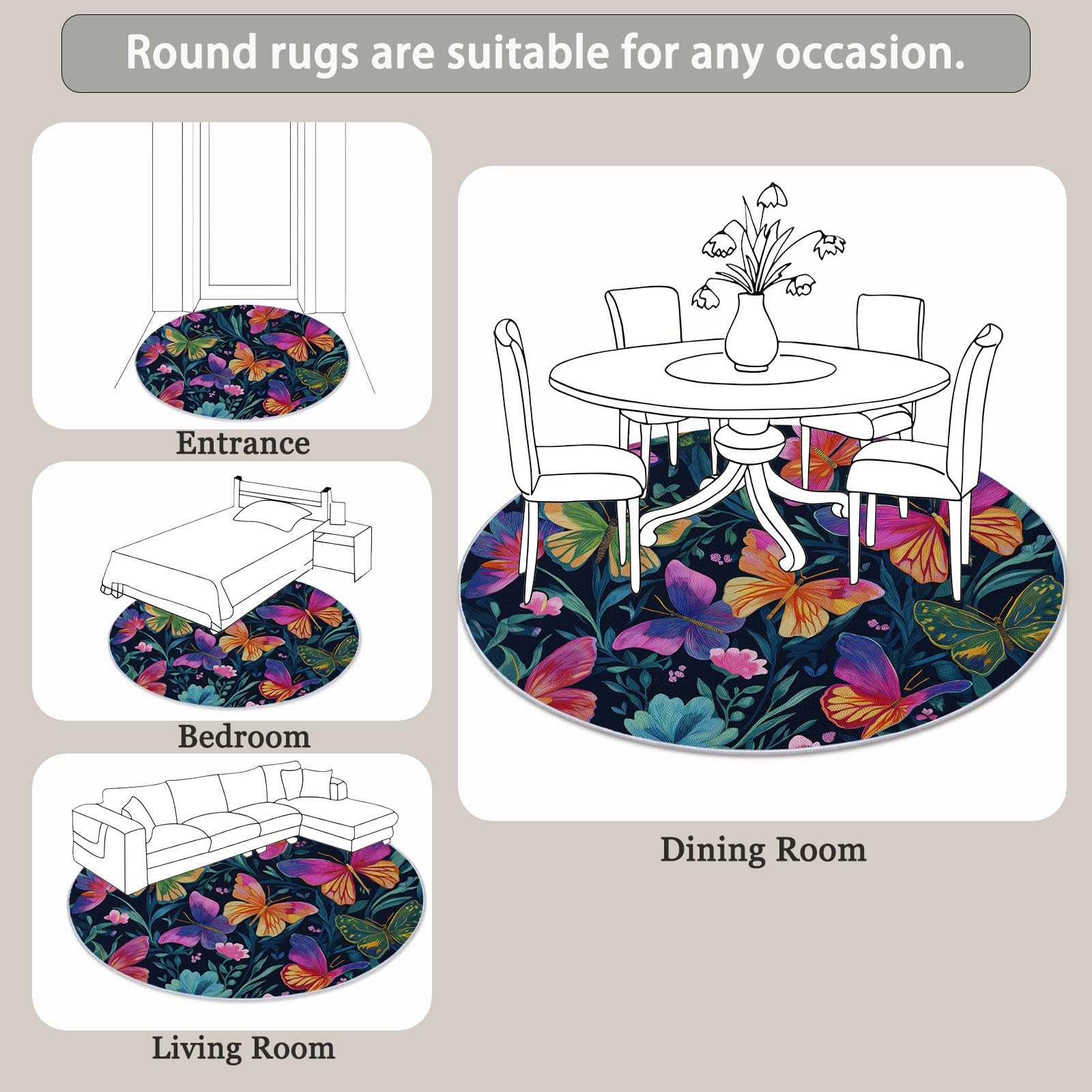 Genérico Alfombra Redonda para Comedor Botánicos Naturales Mariposas Motivo Alfombra Antideslizante Suave y esponjosa para Sala de Estar, Dormitorio, habitación Infantil, 180 cm, Vistoso