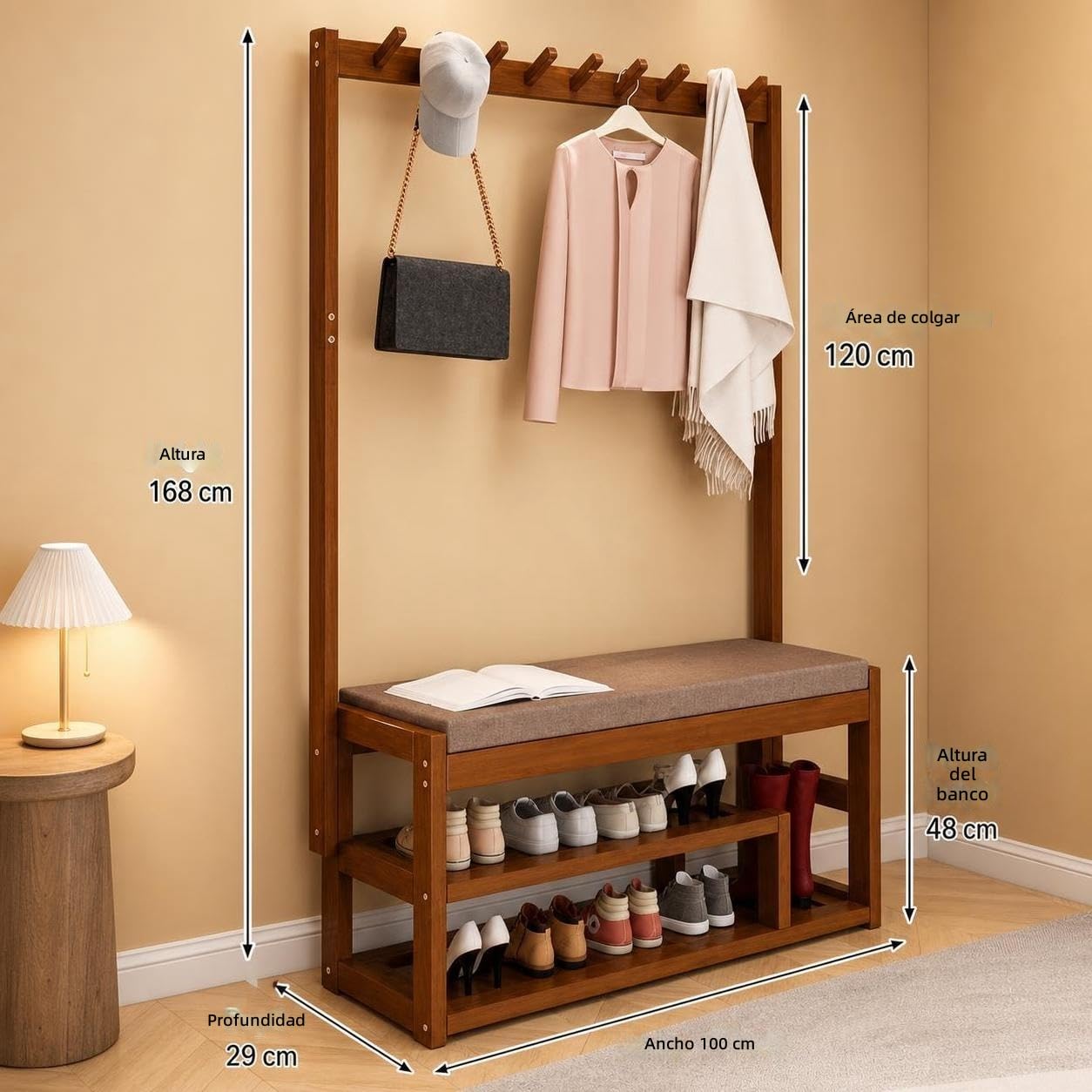 Árbol de Entrada, Perchero y Banco de Almacenamiento de Zapatos, Banco de Madera Maciza con Asiento Acolchado, Multifuncional