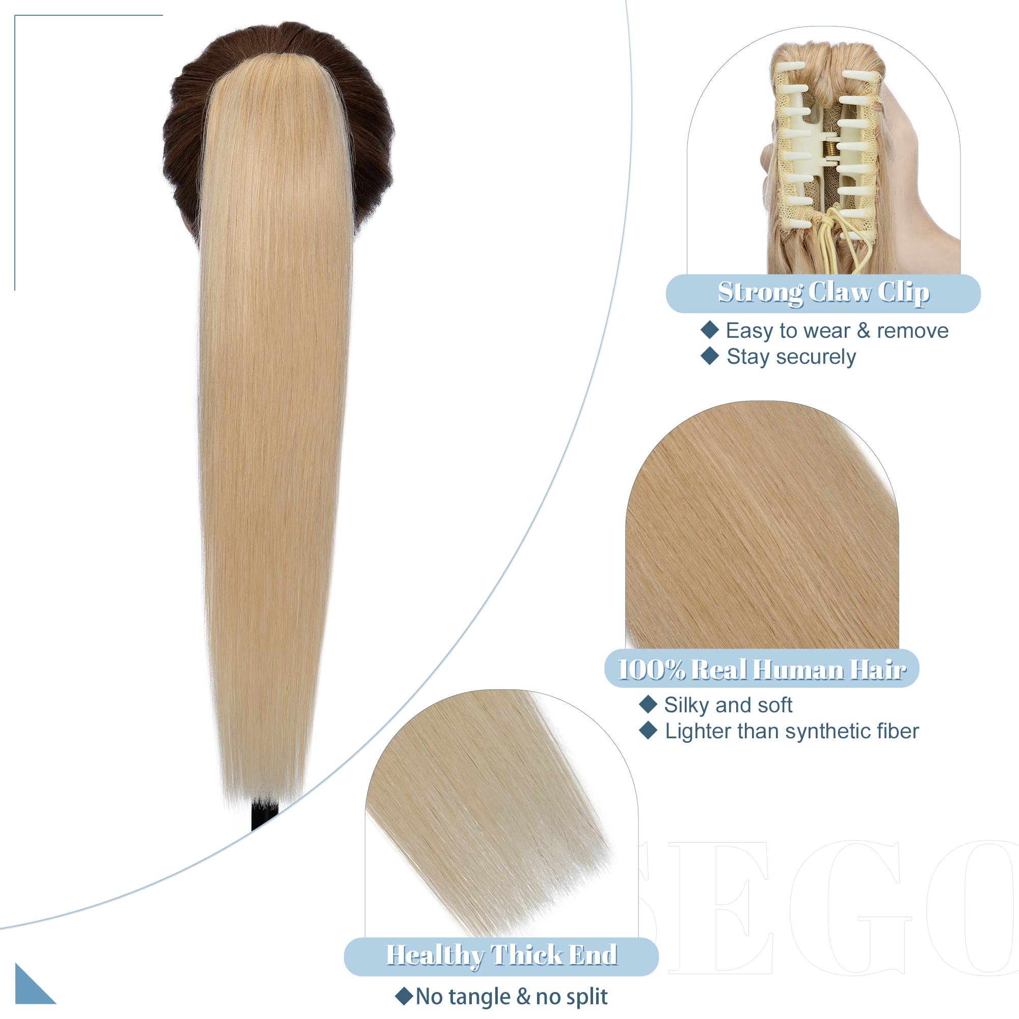SEGO Coda Capelli Veri Extension Clip Pinza Coda di Cavallo Ponytail Naturale Remy Human Hair Lisci Umani Fascia Unica 50cm 120g - # Biondo Naturale