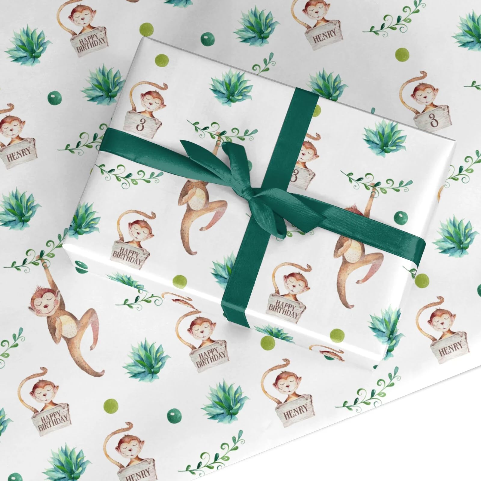 Dyefor Monkey Personalised Baby Boys Safari Birthday Party Baby Shower Happy Birthday Wrapping Paper Gift Wrap Large Roll (50cm x 3.6m)
