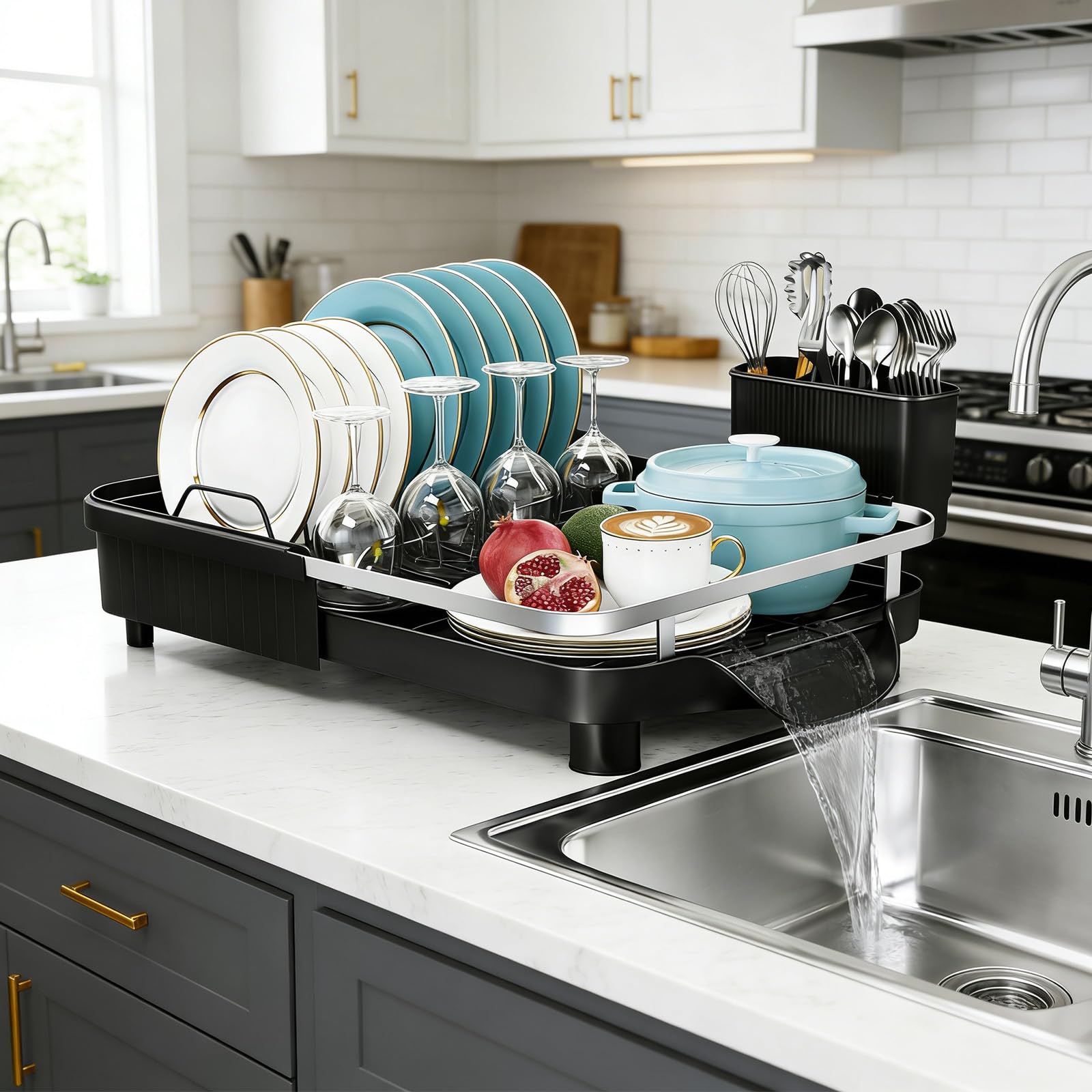 PurKeep Escurreplatos extensible con soporte para cubiertos, color negro | Escurreplatos con bandeja de goteo para platos, tazas, cubiertos, escurreplatos para ahorrar espacio, color negro