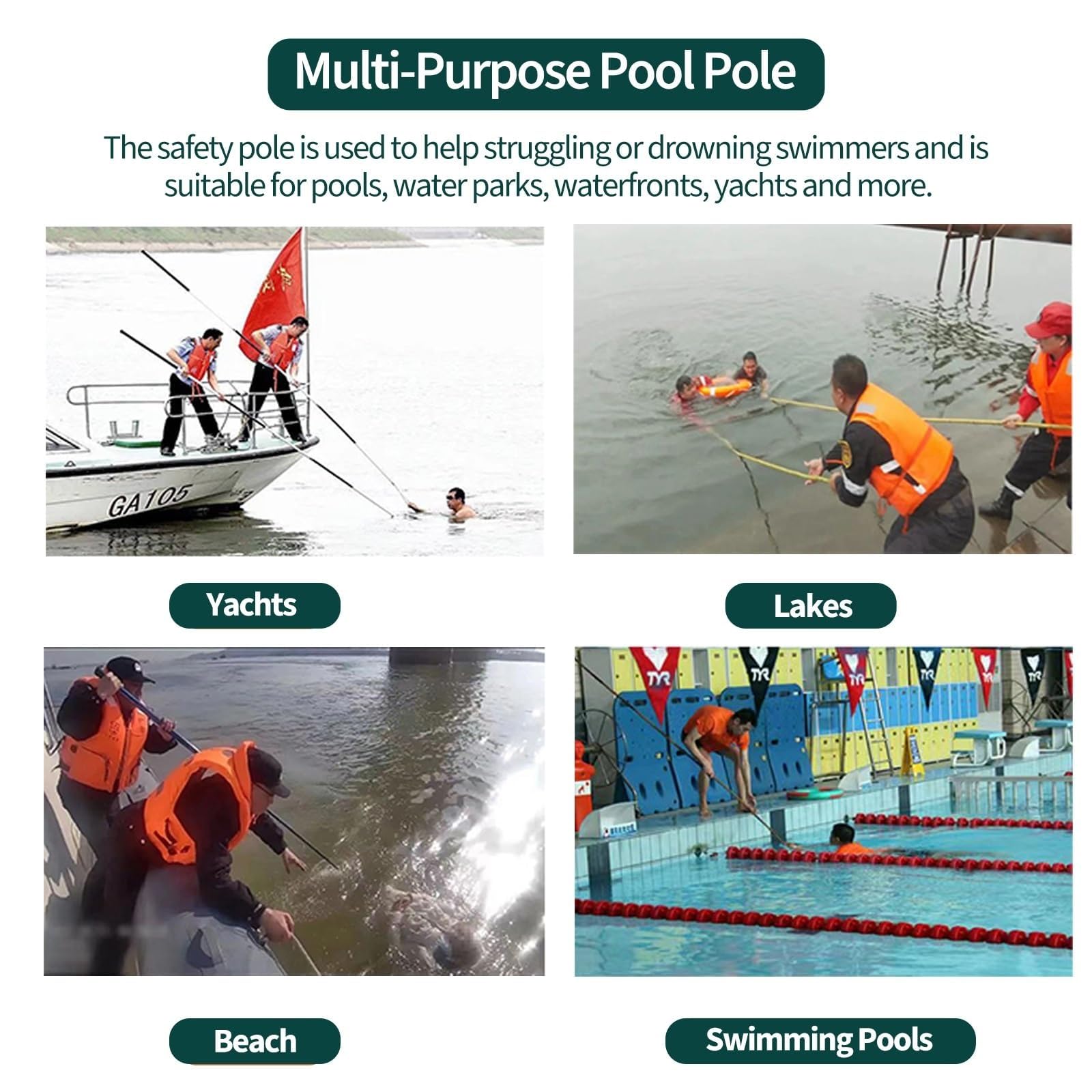 Pértiga telescópica para Piscinas con Gancho de Seguridad para Rescate de Emergencia y Mantenimiento de Piscinas.