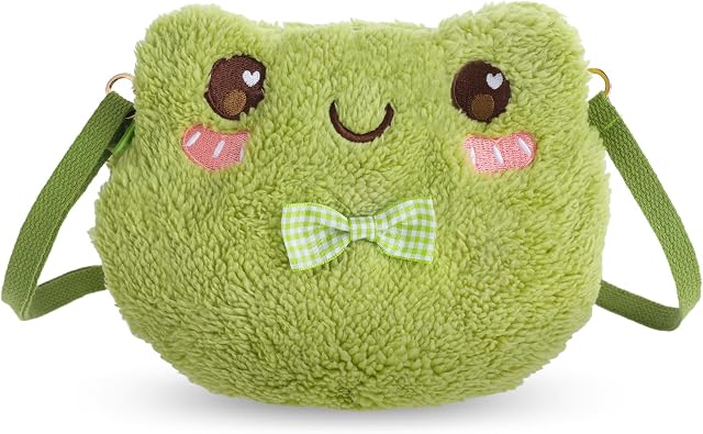 Qianyu Green Frog Crossbody Bag Cute Plush Purse Backpack Kawaii Shoulder Portable Practical Wallet Cartoon Animal Lolita Bag with Chain Strap Send to Children Adults Girls and Women