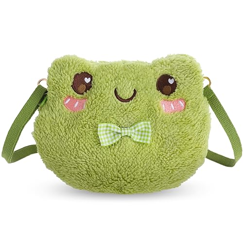 Qianyu Green Frog Crossbody Bag Cute Plush Purse Backpack Kawaii Shoulder Portable Practical Wallet Cartoon Animal Lolita Bag with Chain Strap Send to Children Adults Girls and Women