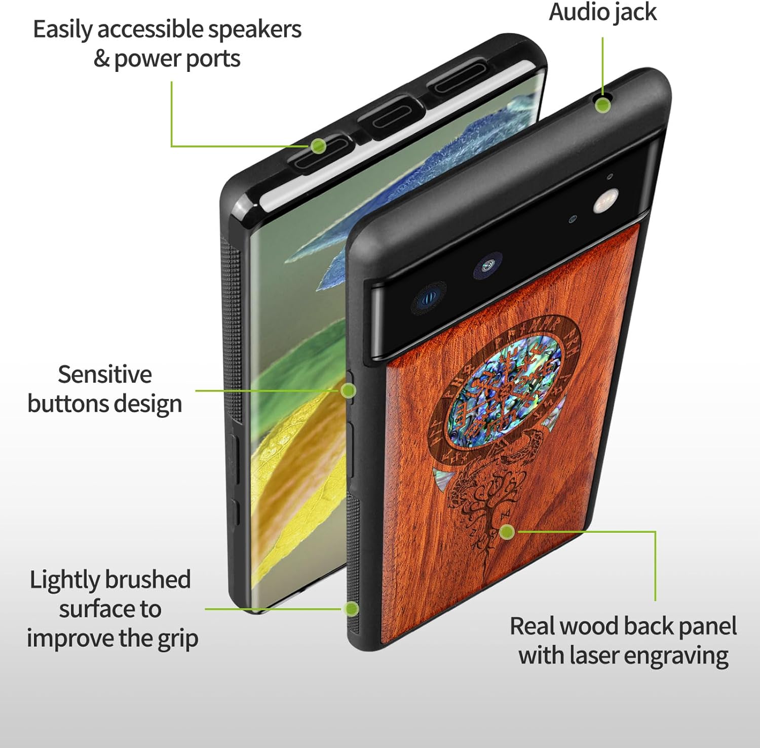 Carveit Designer Wooden Case for Google Pixel 6 Case Protective Cover [Wood Engraving & Shell Inlay] Compatible with Wireless Chargers Pixel 6 (The Vegvisir of Viking-Rosy)