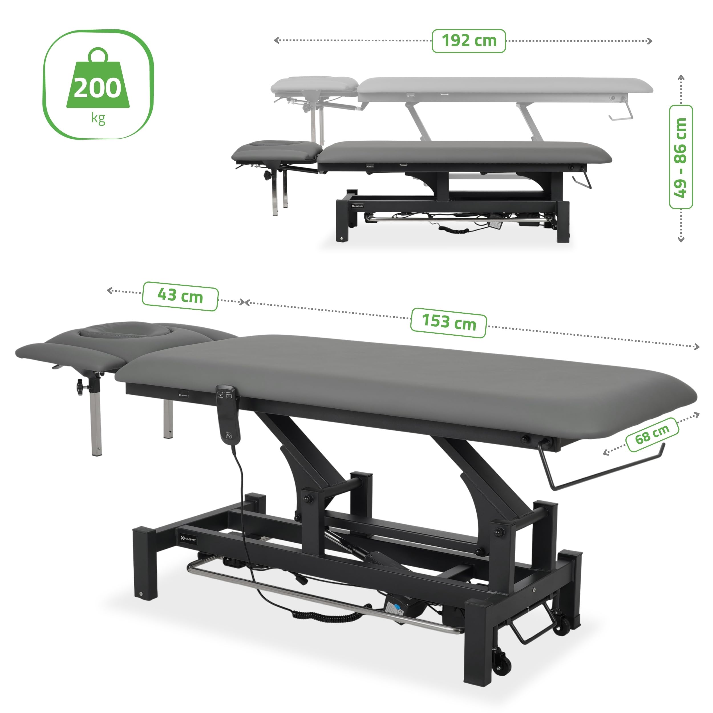 HABYS Massageliege Elektrisch mit 4-Segmente, 192x68cm, Grau, Fortis 4Ergo | mit Steuerrahmen, Kosmetikliege Elektrisch bis zu 200 kg, Massagebank für Therapieliege mit Fernbedienung, ERGO-Kissen