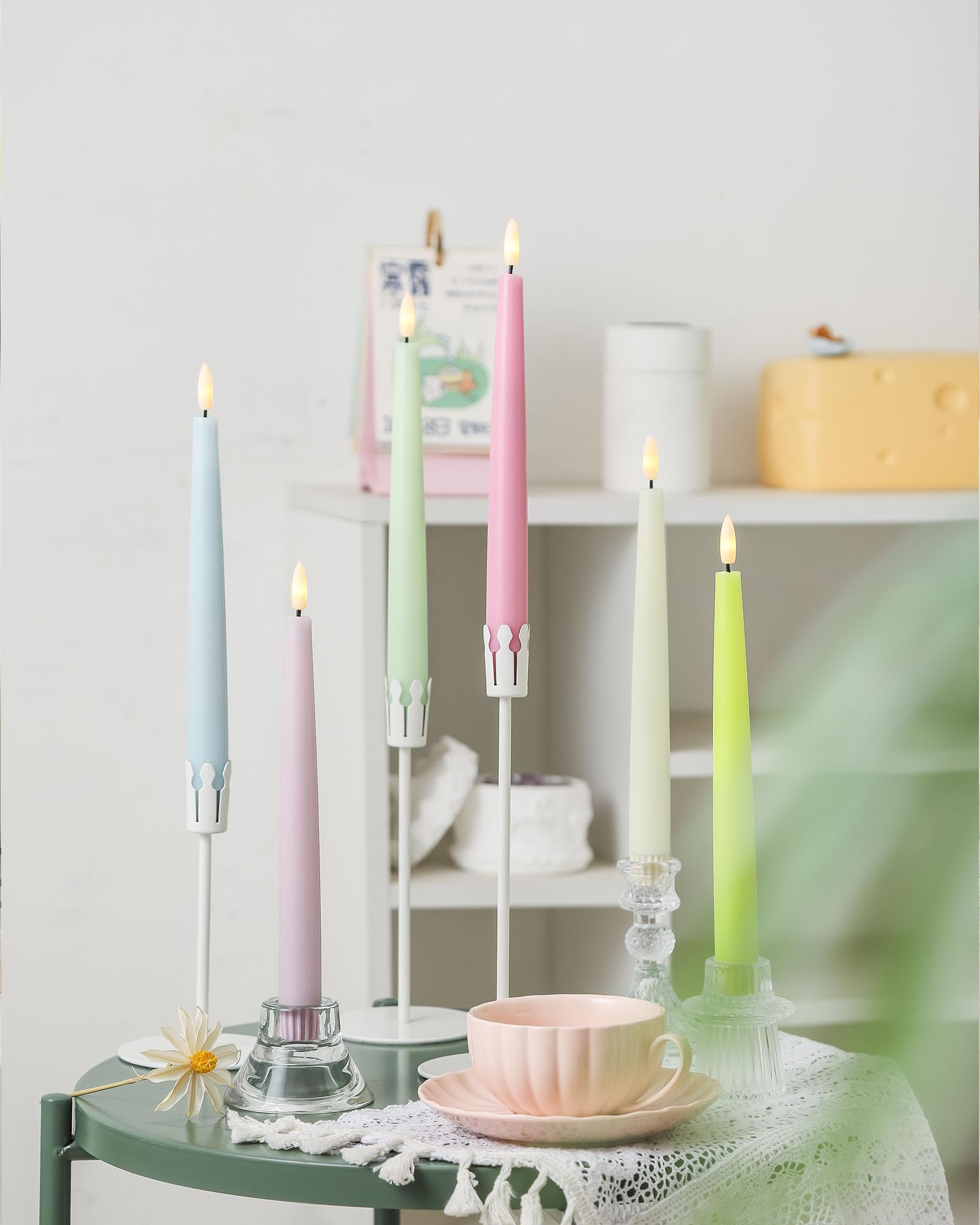 Stmarry Candele coniche senza fiamma multicolore pastello con telecomando e timer, candele a LED in vera cera da 24 cm, antigoccia, funzionamento a batteria, candele alte con fiamma tremolante 3D