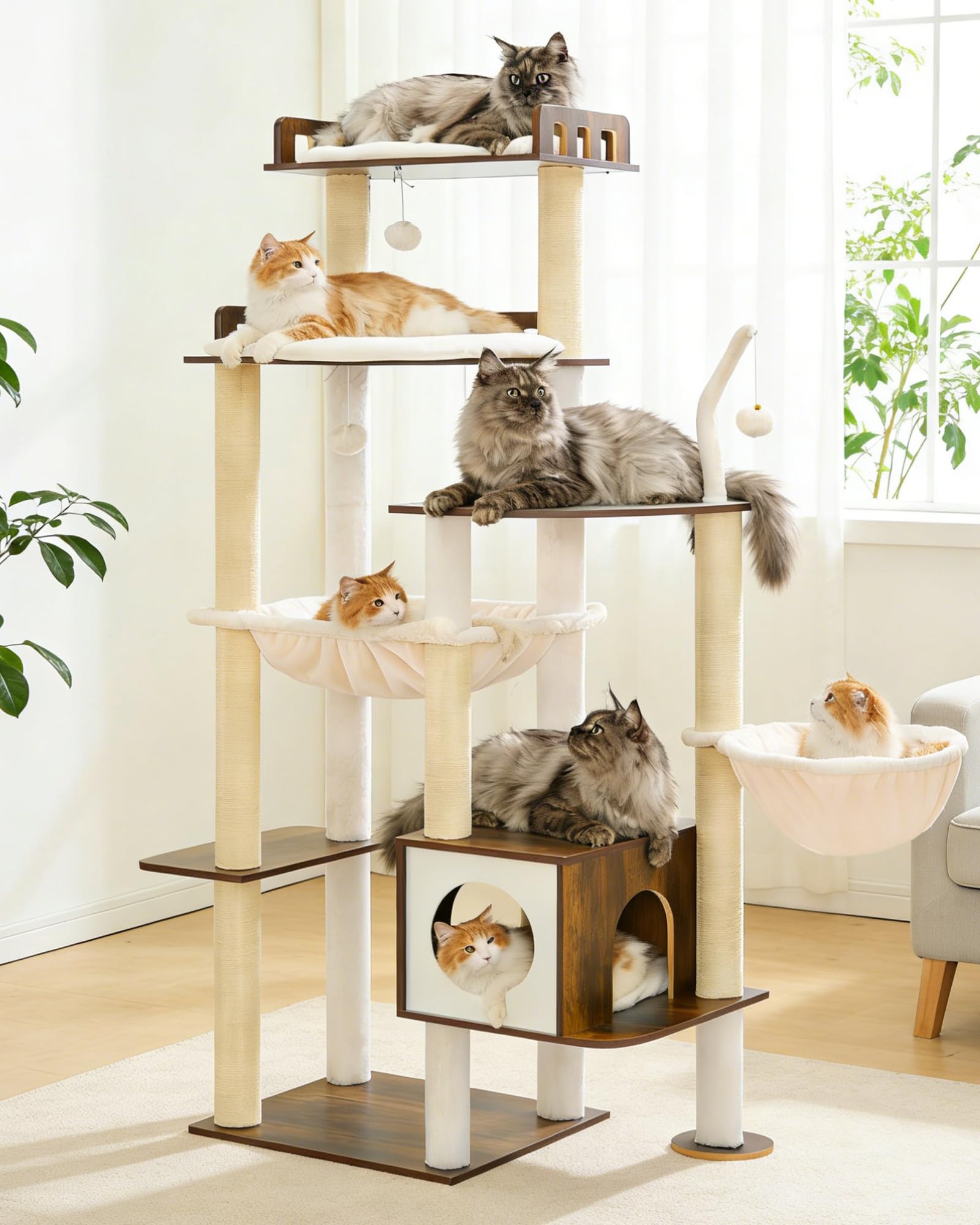 Heybly Tiragraffi per Gatti, Albero in Legno da 179 cm per Gatti Grandi, Struttura Ultra-Stabile, Arredo Moderno con Rivestimento in Sisal Totale, Condo e Amache, Marrone Vintage HCT121SR