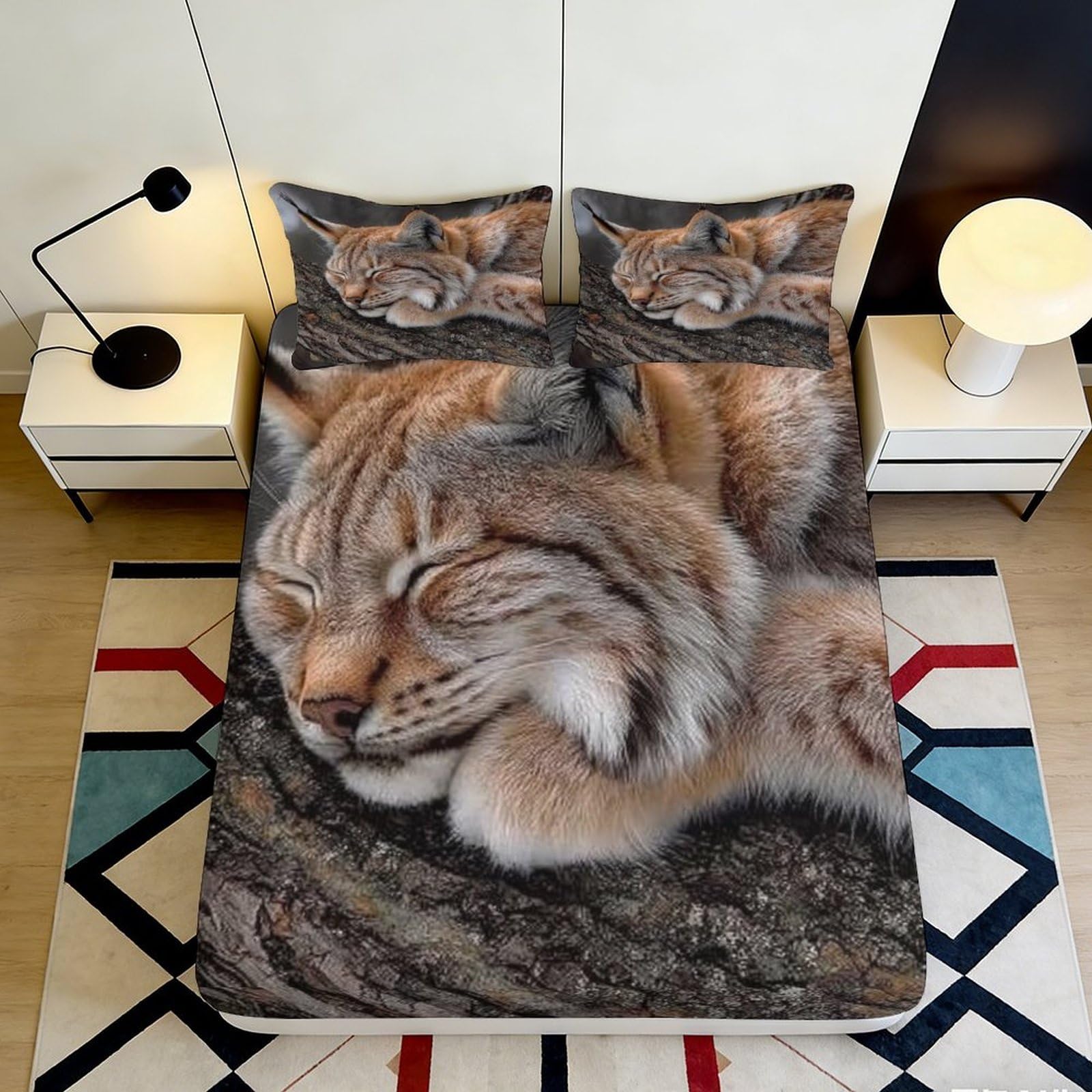 3D Printed Sleeping Lynx Fitted Sheet Microfiber Soft Anti-Slip Forest Animal Bed Cover for Bedroom Guest Room Decor 140x200x25cm