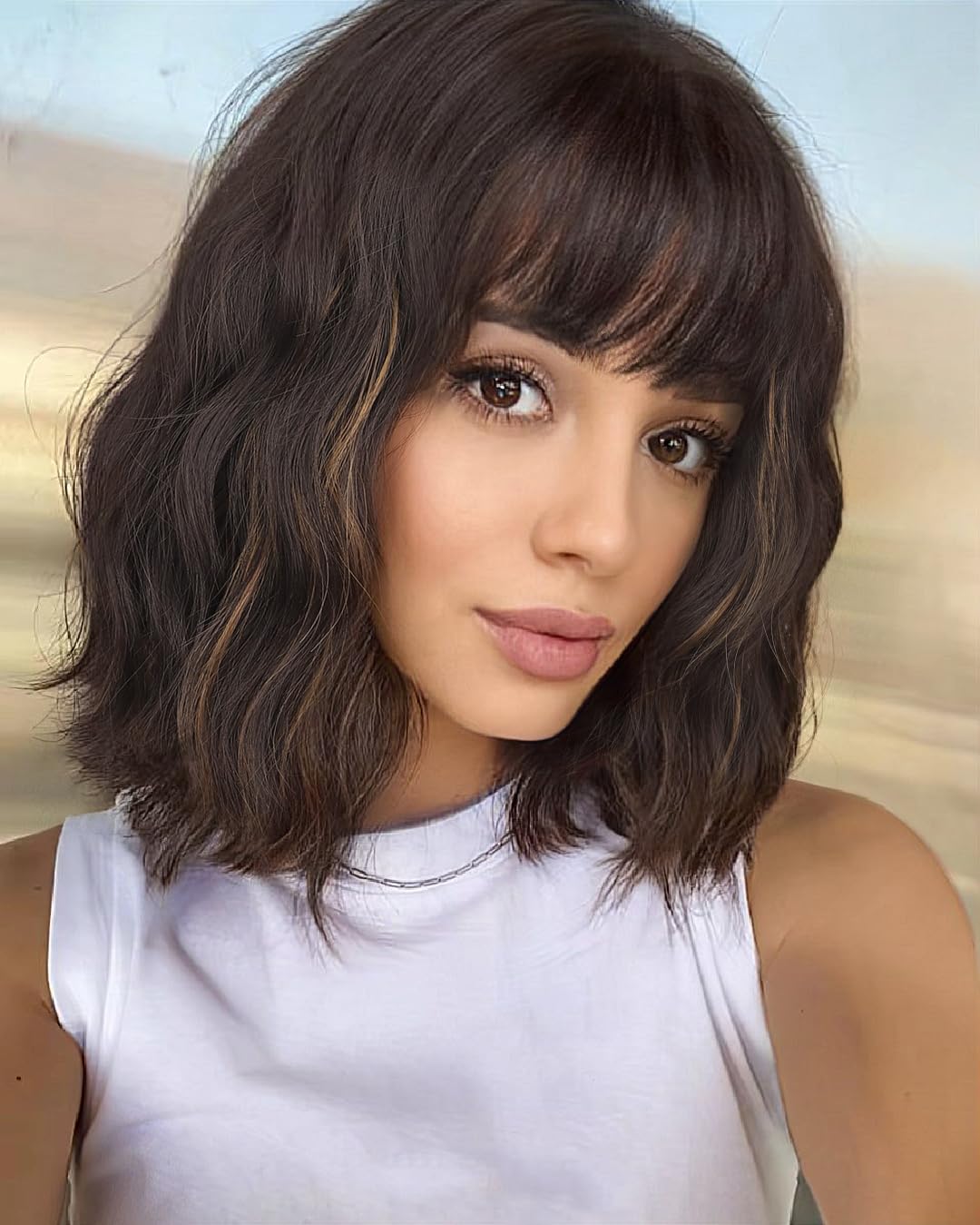 AISI HAIR Short Curly Bob Wigs with bangs Bob Wave Wig Synthetic Natural Looking Heat Resistant Fiber Wigs for Women (Brown with Blonde Highlights)
