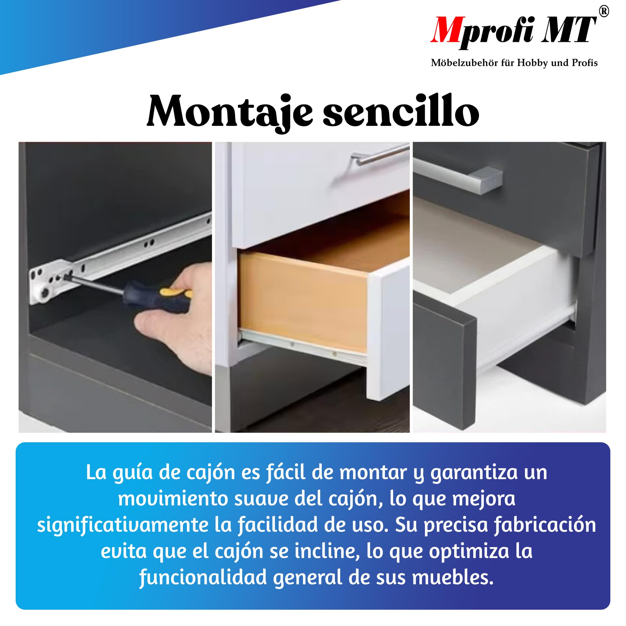 Mprofi MT® 20 Piezas, 10 Pares | Guías para Cajones | L:350mm | Correderas de Cajón | Extracción de Cajones | Rieles para Cajones | Guía de Bolas | Extracción Parcial