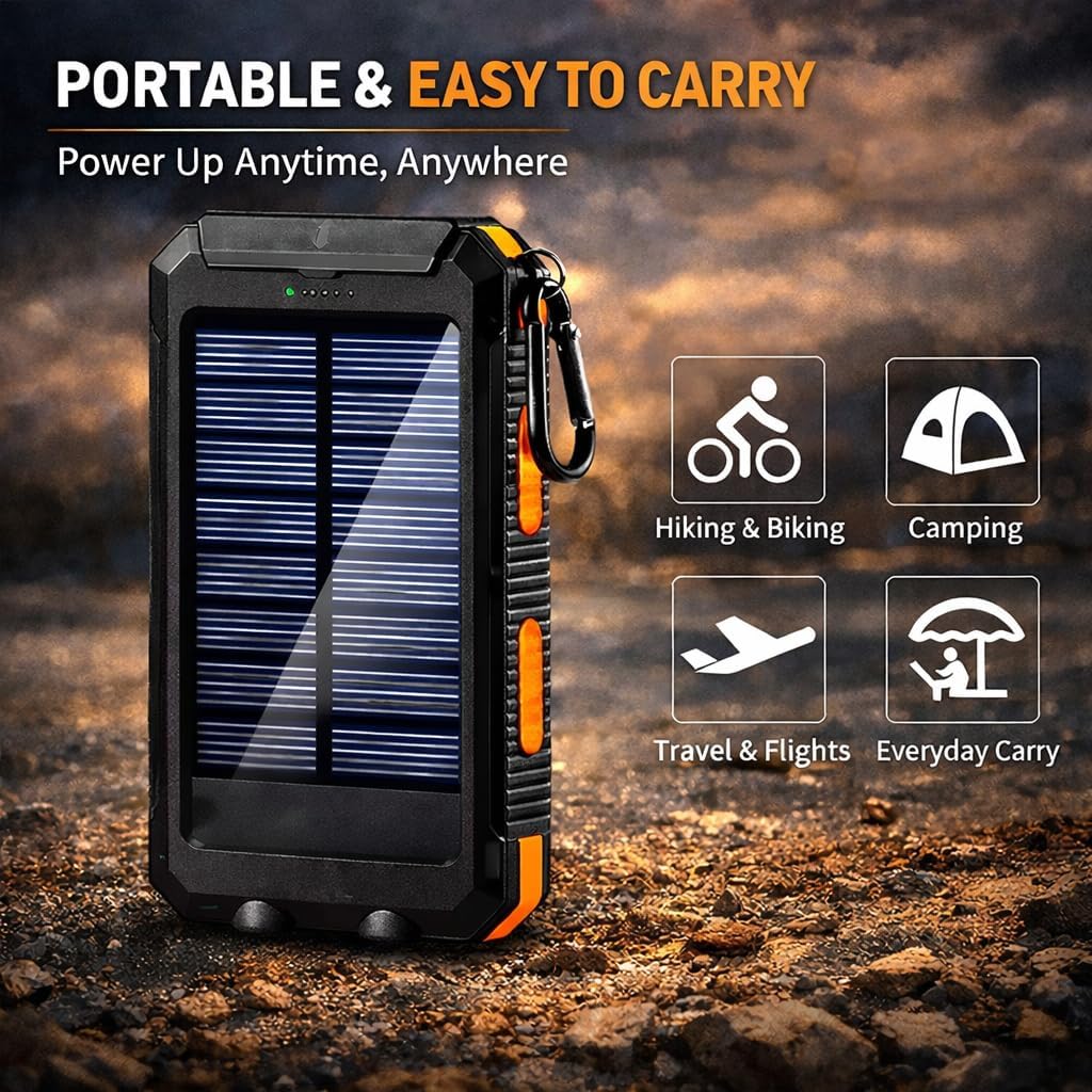 WEERSHUN 10000mAh Portable Solar Power Bank, Portable Charger, Solar Power Bank with Dual Bright Flashlights for Camping, Hiking, and Outdoor Use, Fast Charging Battery Pack (1PCS)
