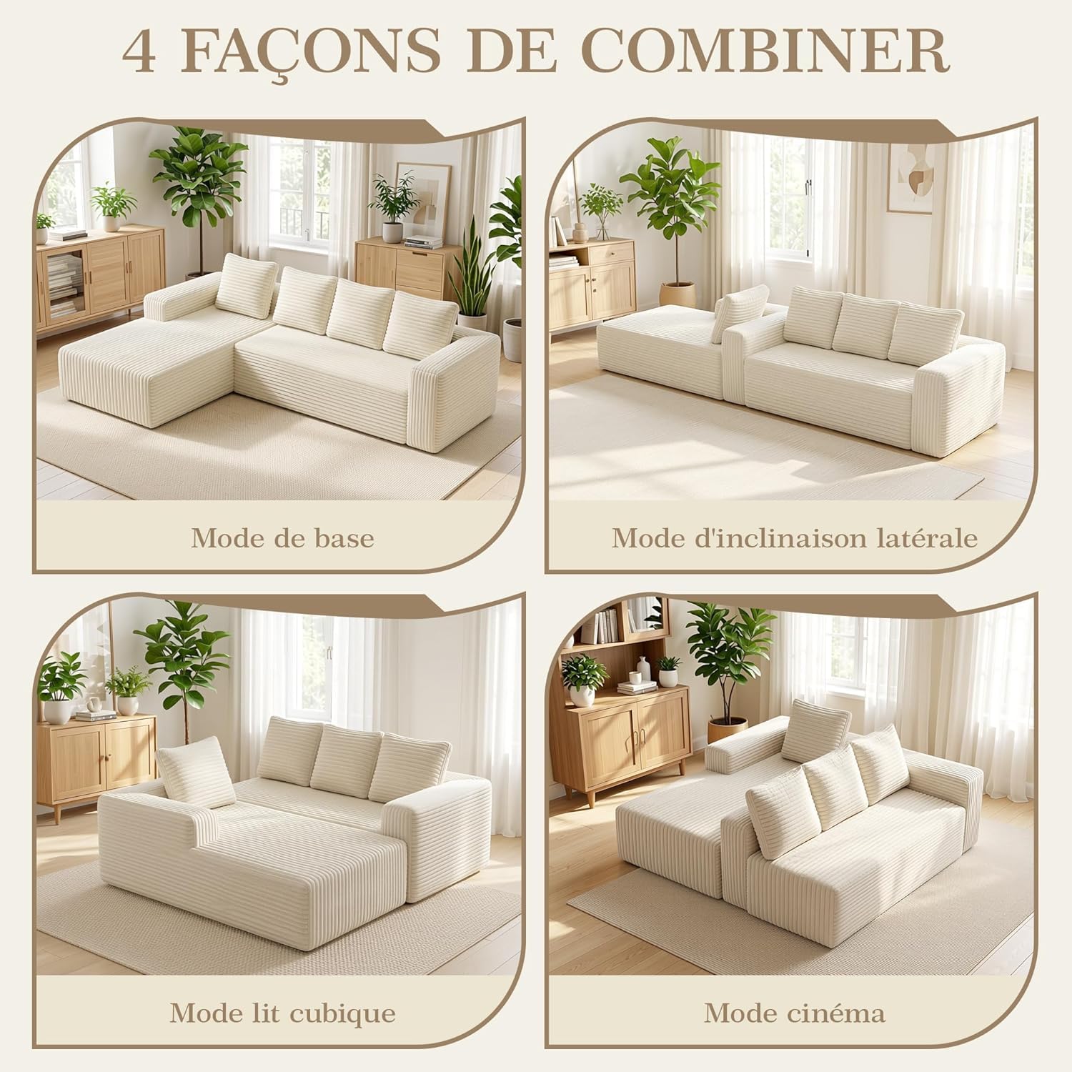261cm Canapé d'angle Convertible, Canape 3 Places en L, Compressible canapé modulable Cloud avec Assise Profonde, canape Dangle Convertible et Librement combinable pour Le Salon, Beige
