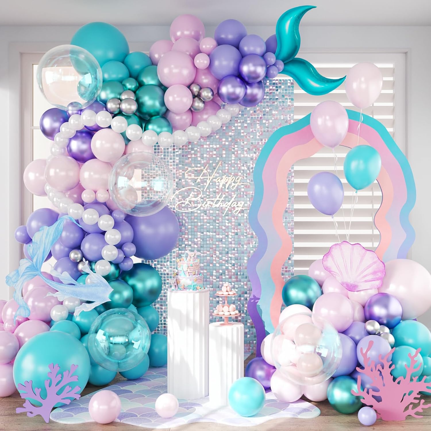 Mermaid Balloon Garland Arch Kit,145pcs Purple Pink Blue balloons with Little Mermaid Tails Birthday Party Decorations Balloons for Gender Reveal Under the Sea Ocean Baby Shower Themed Party Supplies