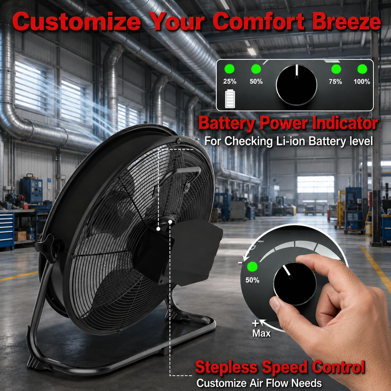 Ventilador de suelo con batería de 16 pulgadas con luz compatible con batería Milwaukee M18 de 18 V, ventilador portátil con adaptador de CA y salida USB, ventilador inalámbrico de alta velocidad de