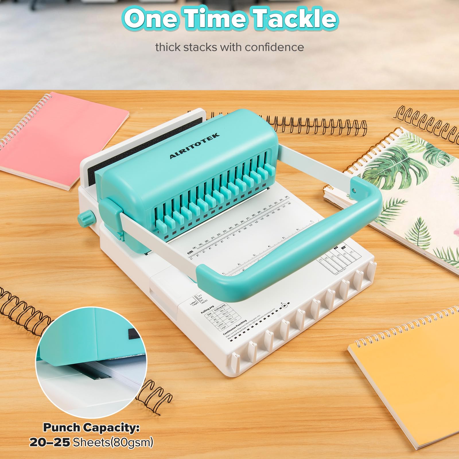 Rilegatrice professionale passo 2:1 con 15 fustelle disinnestabili, capacità perforatrice da 20 a 25 fogli, kit di rilegatura portatile con 10 fili da 1,6 cm, perfetta per quaderni, riviste, album e