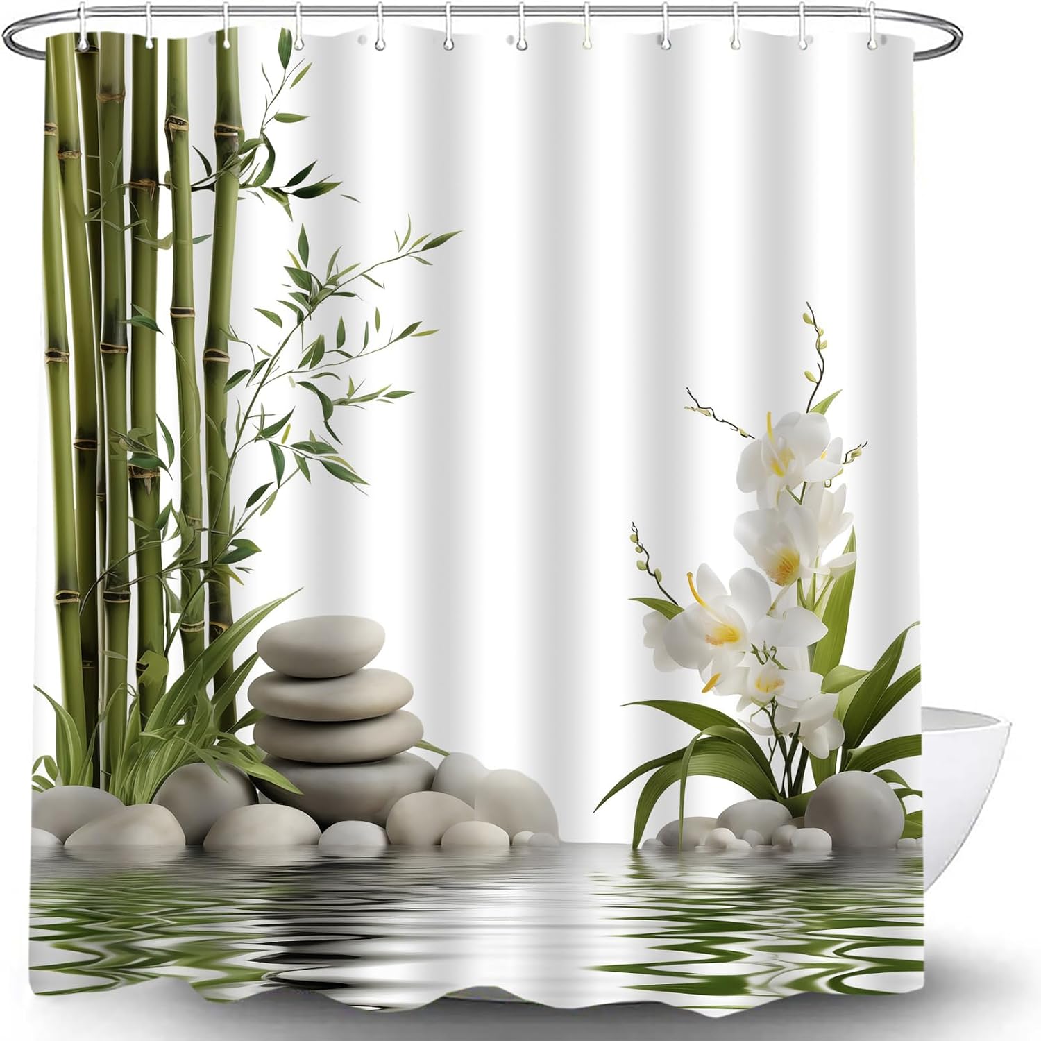 Spa Shower Curtain Green Bamboo White Orchid Flower Stone Water Floral Plant Garden Scenery Asian Relax Bath Curtain with Hooks, 70x70 Inch