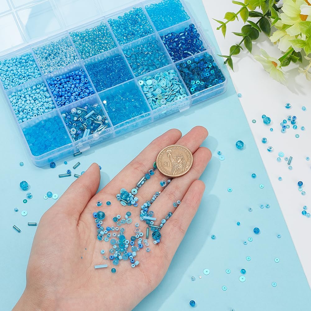 PH PandaHall 9600pcs 12 Styles Glass Seed Beads 2mm 3mm 4mm Pony Bead with Glass Blue Craft Bugle Beads 6mm Faceted Glass Bead 2 Style Flat Round Paillette Sequins for Jewelry Making - Image 3