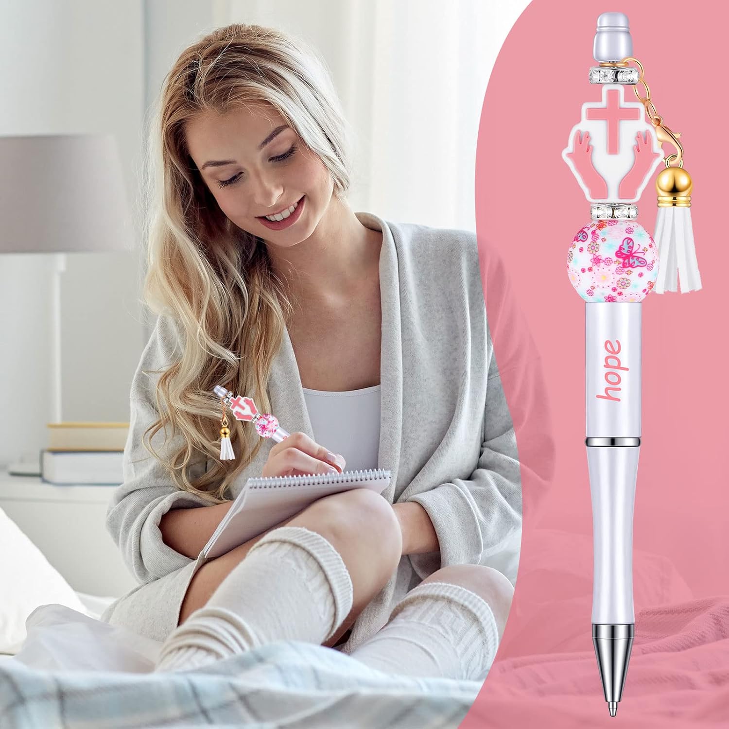 Teling 12 Sets Inspirational Beadable Pens Black Ink Ballpoint Beaded Pen with Focal Silicone Beads Assorted Spacer Beads and Tassels and 12 Pcs Lobster Clasps for Office School DIY - Image 6