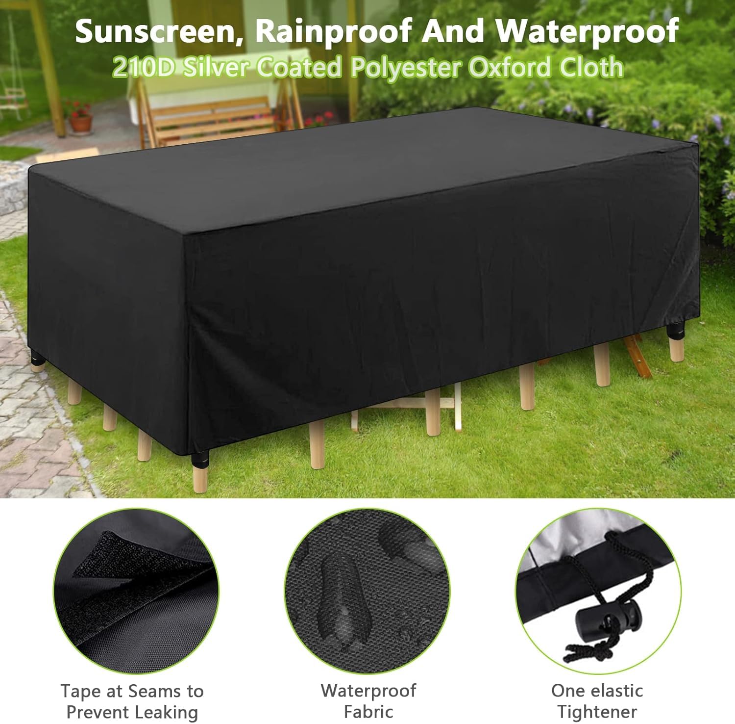 Copertura per Mobili da Giardino - Copertura Tavolo Esterno Impermeabile 210D Oxford - Antivento Anti-UV - Telo Protettivo Resistente per Tavoli e Sedie da Esterno (213x132x74 cm)