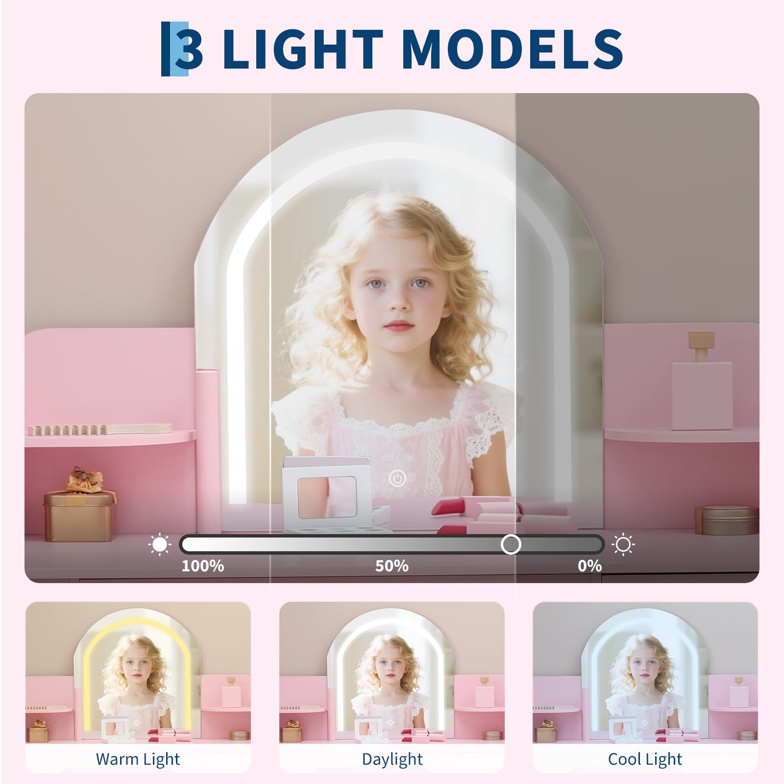 Coiffeuse Enfant Fille avec Miroir LED Lumineux et Tabouret, Bureau Enfant 2 en 1 avec Tiroir et Étagères, Coiffeuse en MDF à Bords Arrondis pour Chambre d'Enfant, Cadeau pour Fille de 3 à 8 Ans