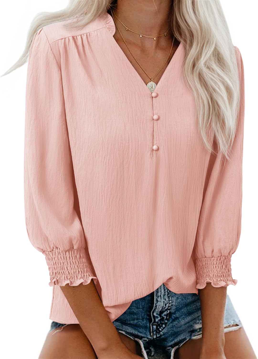 Blouses for Women Dressy Casual 3/4 Length Sleeve Womens Tops 2026 Spring Trendy Cute Smocked Cuffs Sleeve